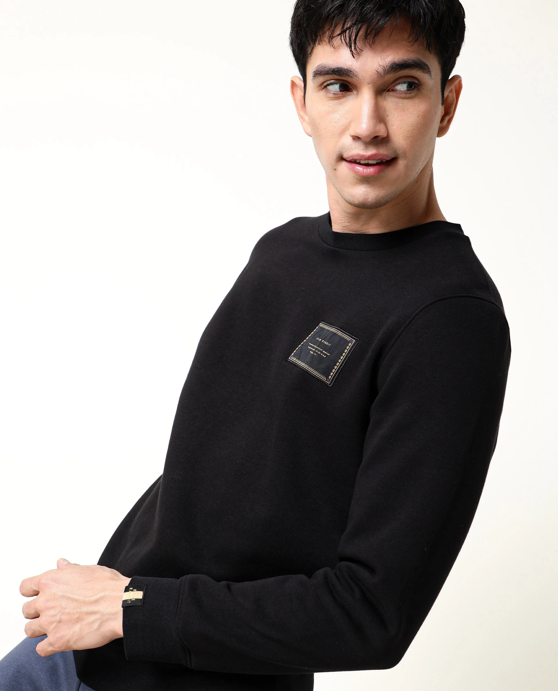 Rare Rabbit Men's Hardwin Black Cotton Plain Slim Fit Full Sleeve Crew Neck Sweatshirt - Image 6