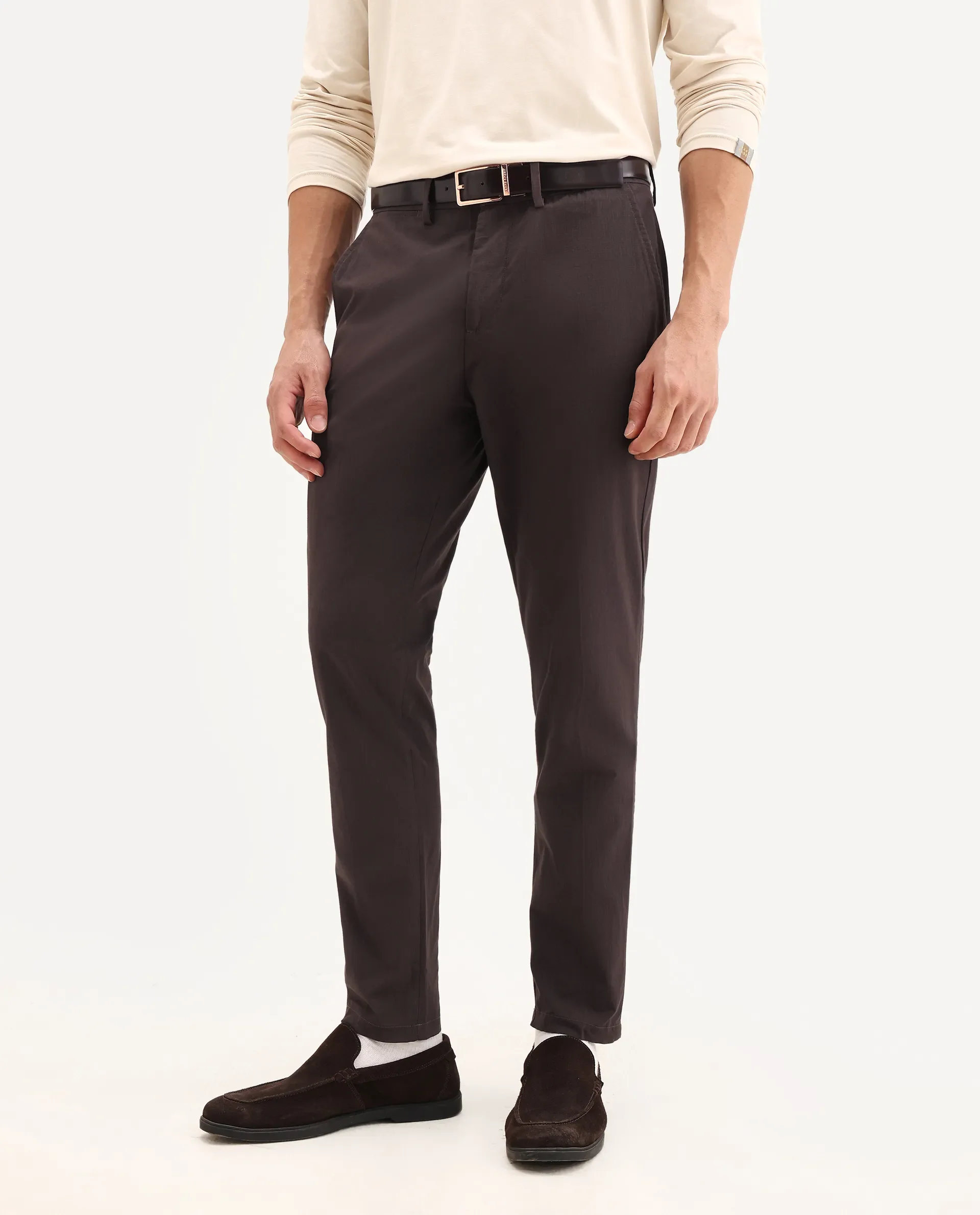 Rare Rabbit Men's Harlow Brown Cotton Plain Regular Fit Trouser - Image 2
