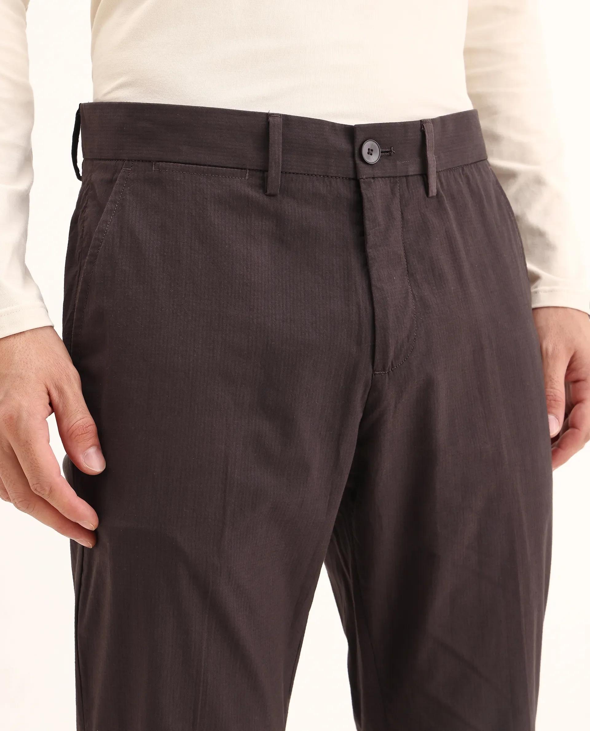 Rare Rabbit Men's Harlow Brown Cotton Plain Regular Fit Trouser - Image 3