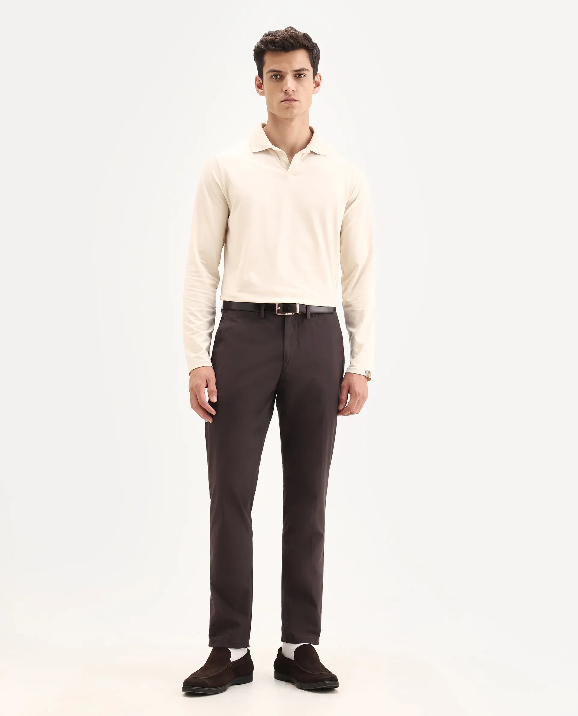 Rare Rabbit Men's Harlow Brown Cotton Plain Regular Fit Trouser - Image 5