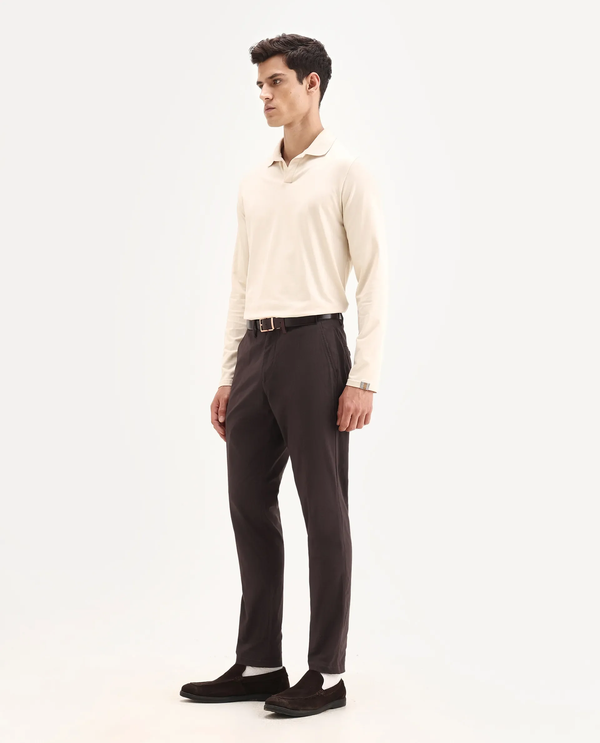 Rare Rabbit Men's Harlow Brown Cotton Plain Regular Fit Trouser - Image 6