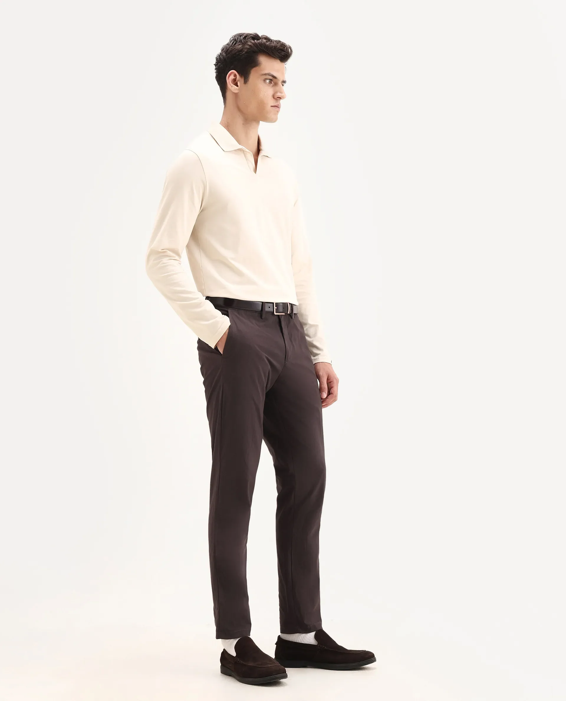 Rare Rabbit Men's Harlow Brown Cotton Plain Regular Fit Trouser - Image 7