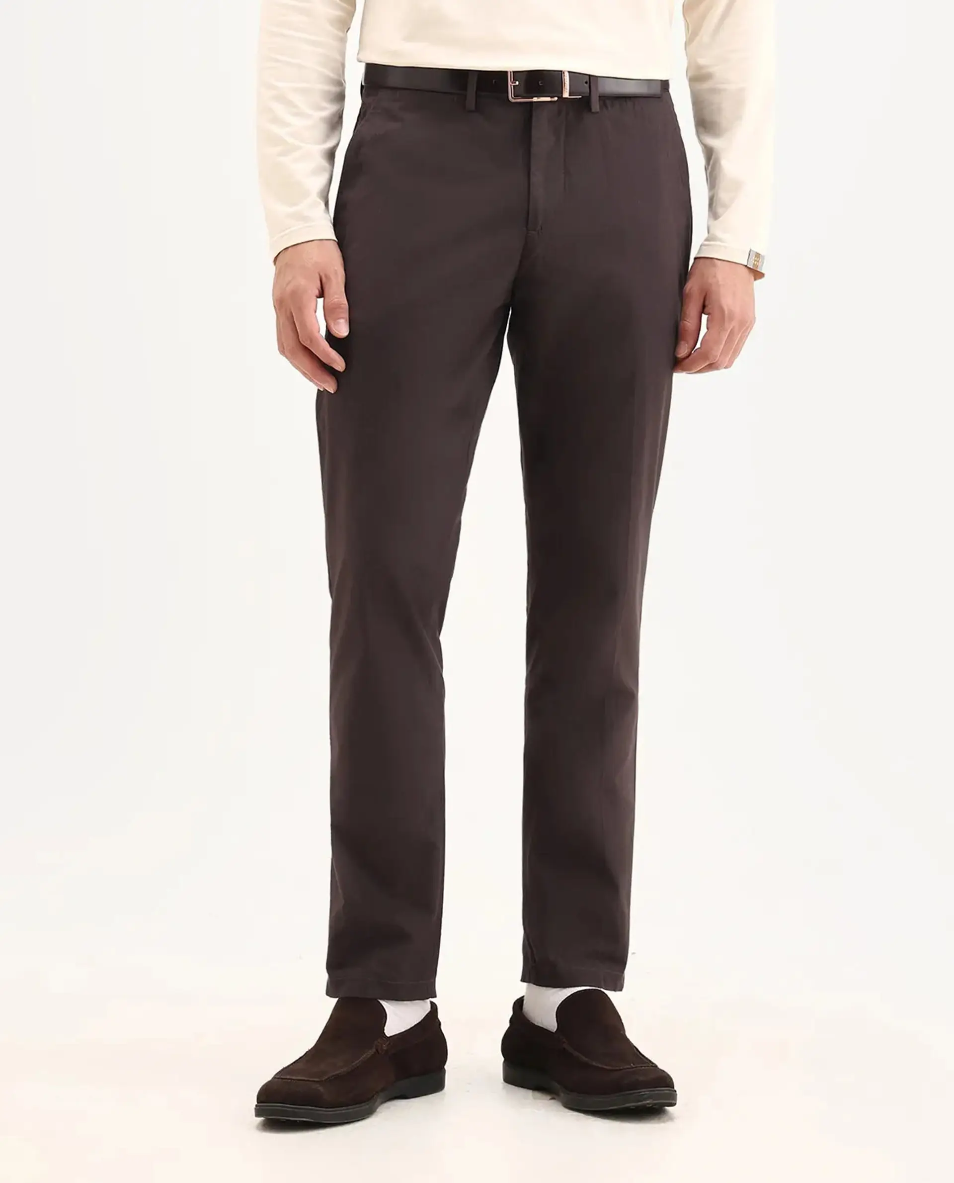 Rare Rabbit Men's Harlow Brown Cotton Plain Regular Fit Trouser - Image 9