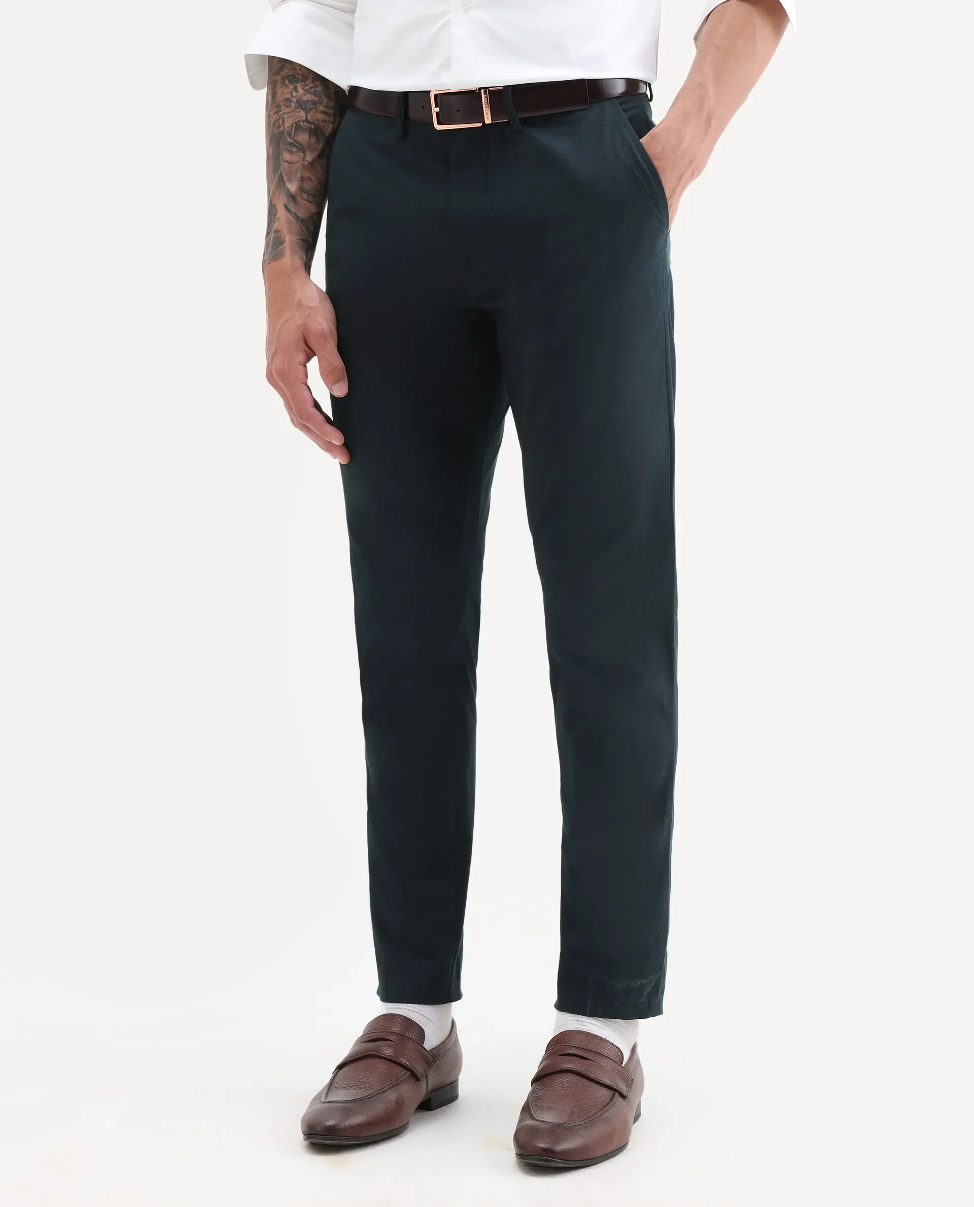 Rare Rabbit Men's Harlow Navy Cotton Plain Regular Fit Trouser - Image 2