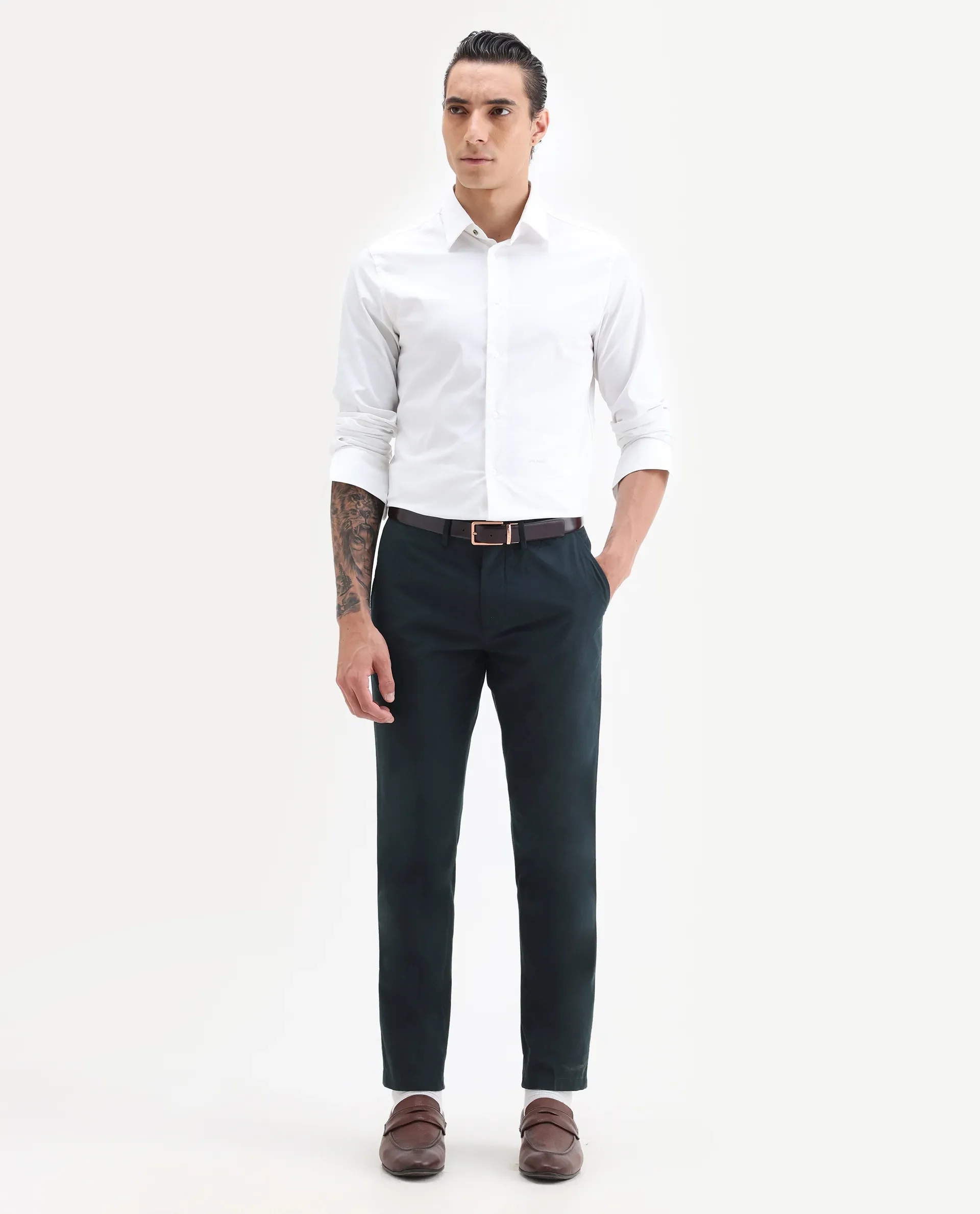 Rare Rabbit Men's Harlow Navy Cotton Plain Regular Fit Trouser - Image 4