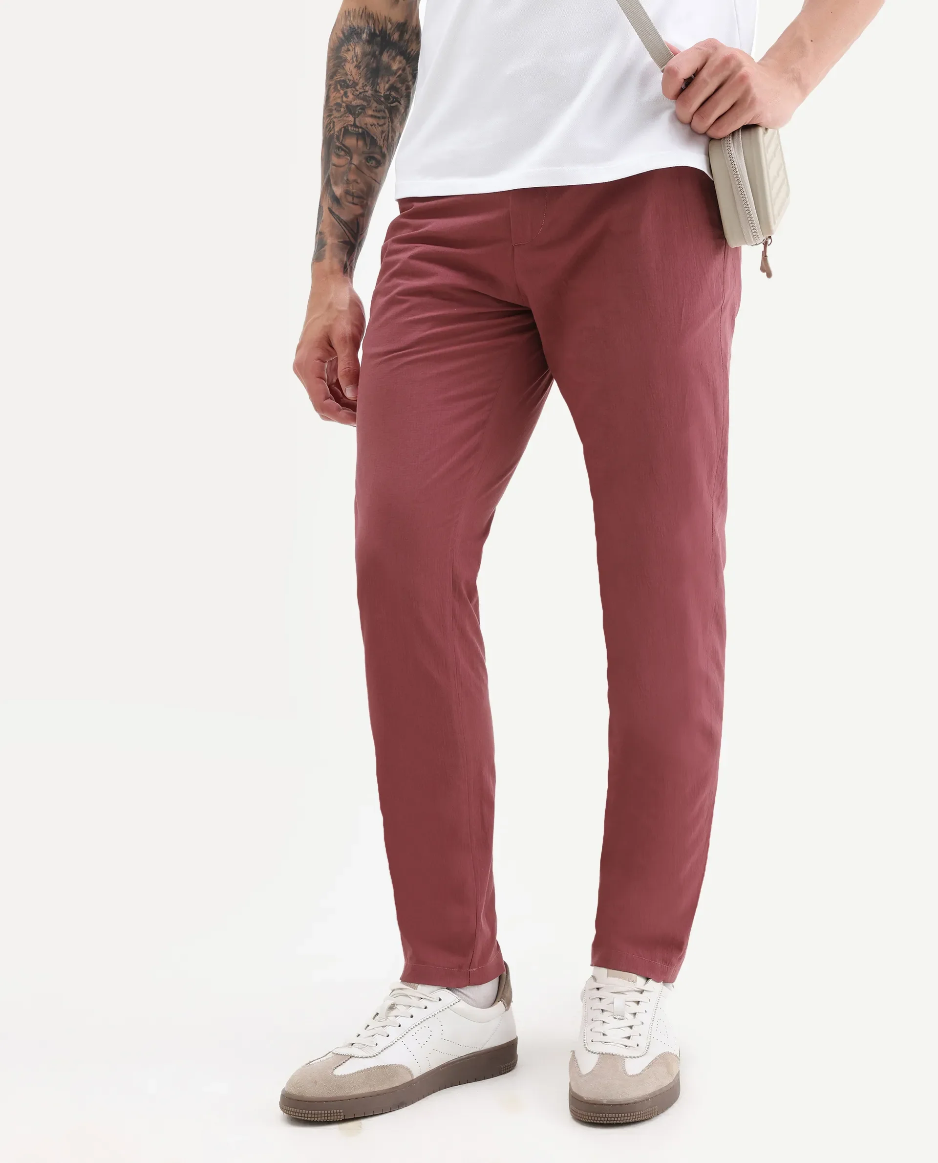 Rare Rabbit Men's Harlow Red Cotton Plain Regular Fit Trouser - Image 2