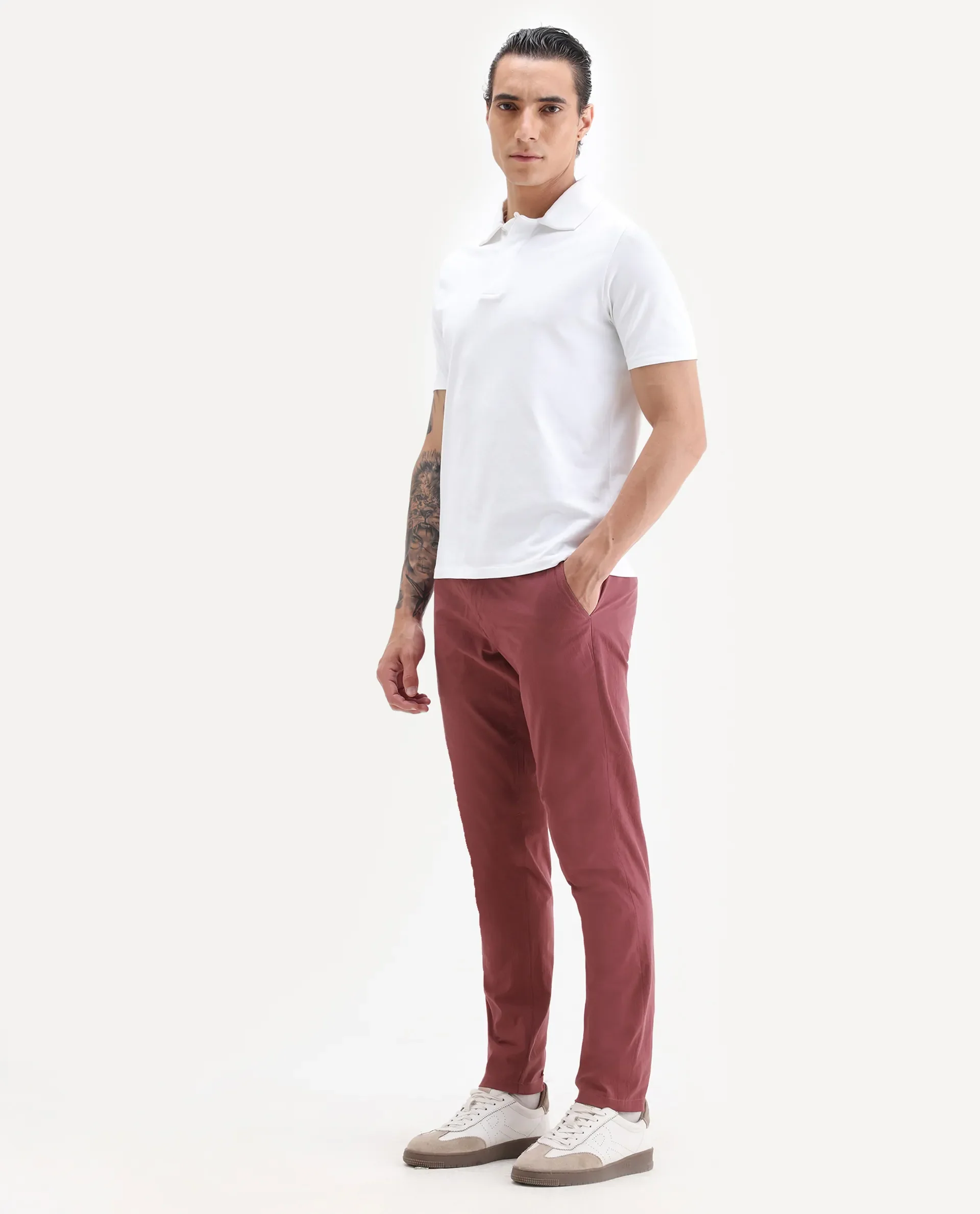 Rare Rabbit Men's Harlow Red Cotton Plain Regular Fit Trouser - Image 3