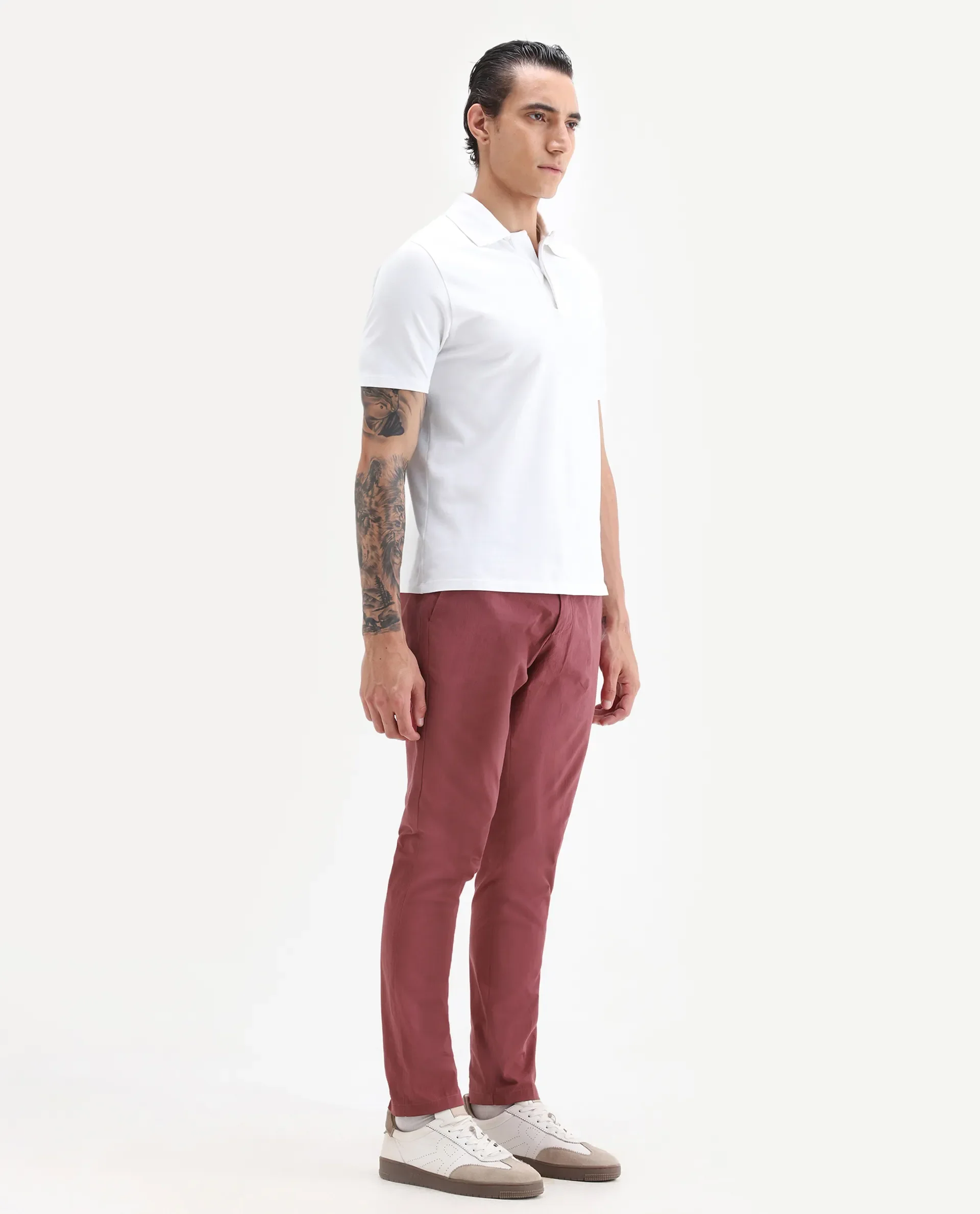 Rare Rabbit Men's Harlow Red Cotton Plain Regular Fit Trouser - Image 4