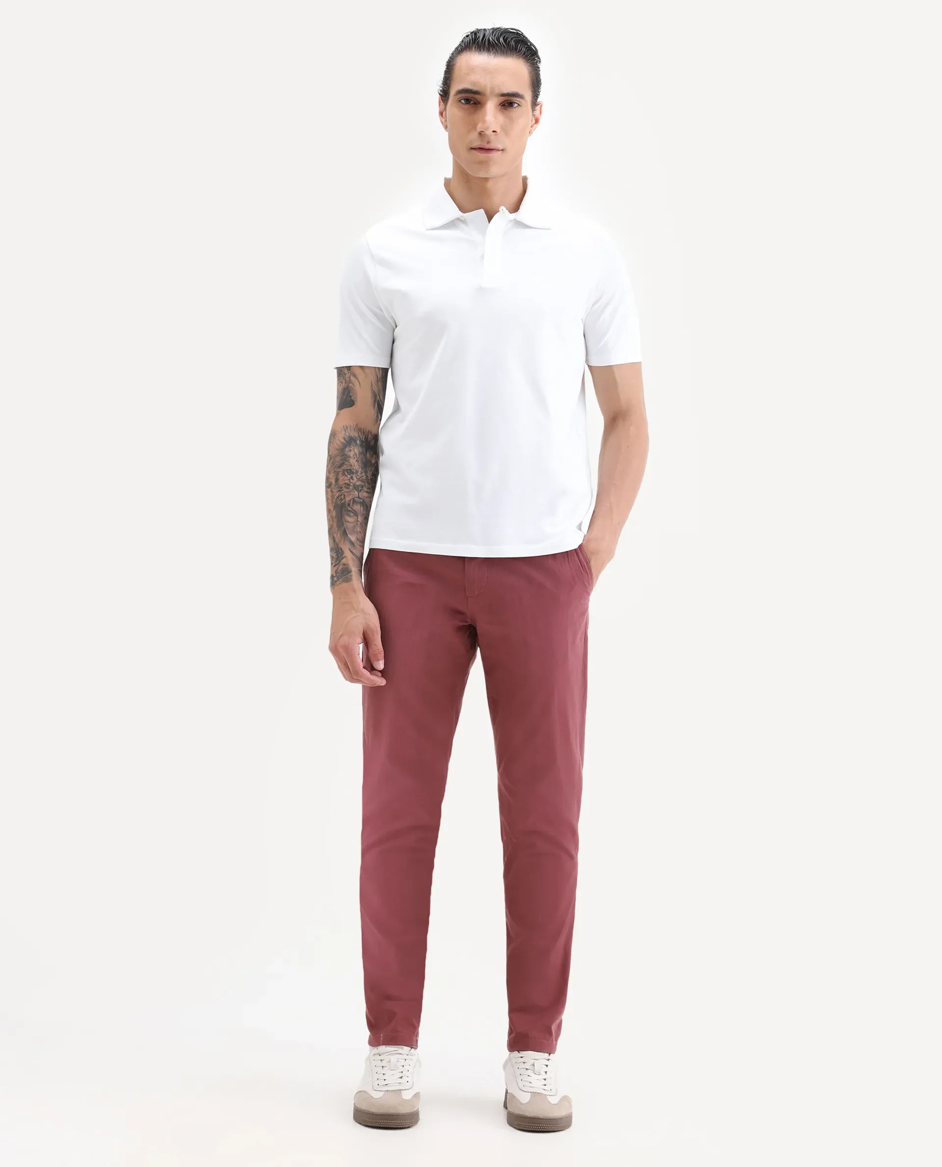 Rare Rabbit Men's Harlow Red Cotton Plain Regular Fit Trouser - Image 7