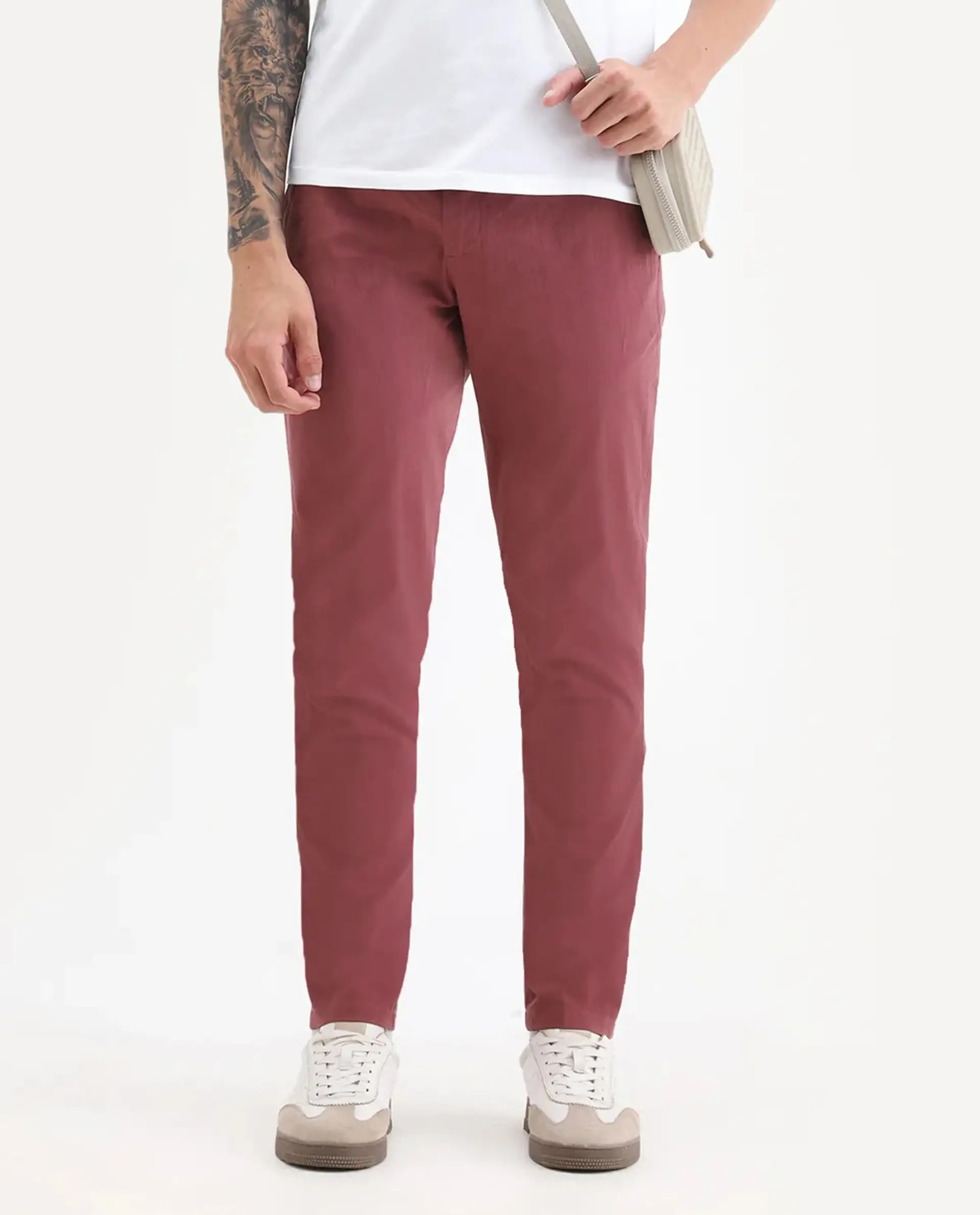 Rare Rabbit Men's Harlow Red Cotton Plain Regular Fit Trouser - Image 9