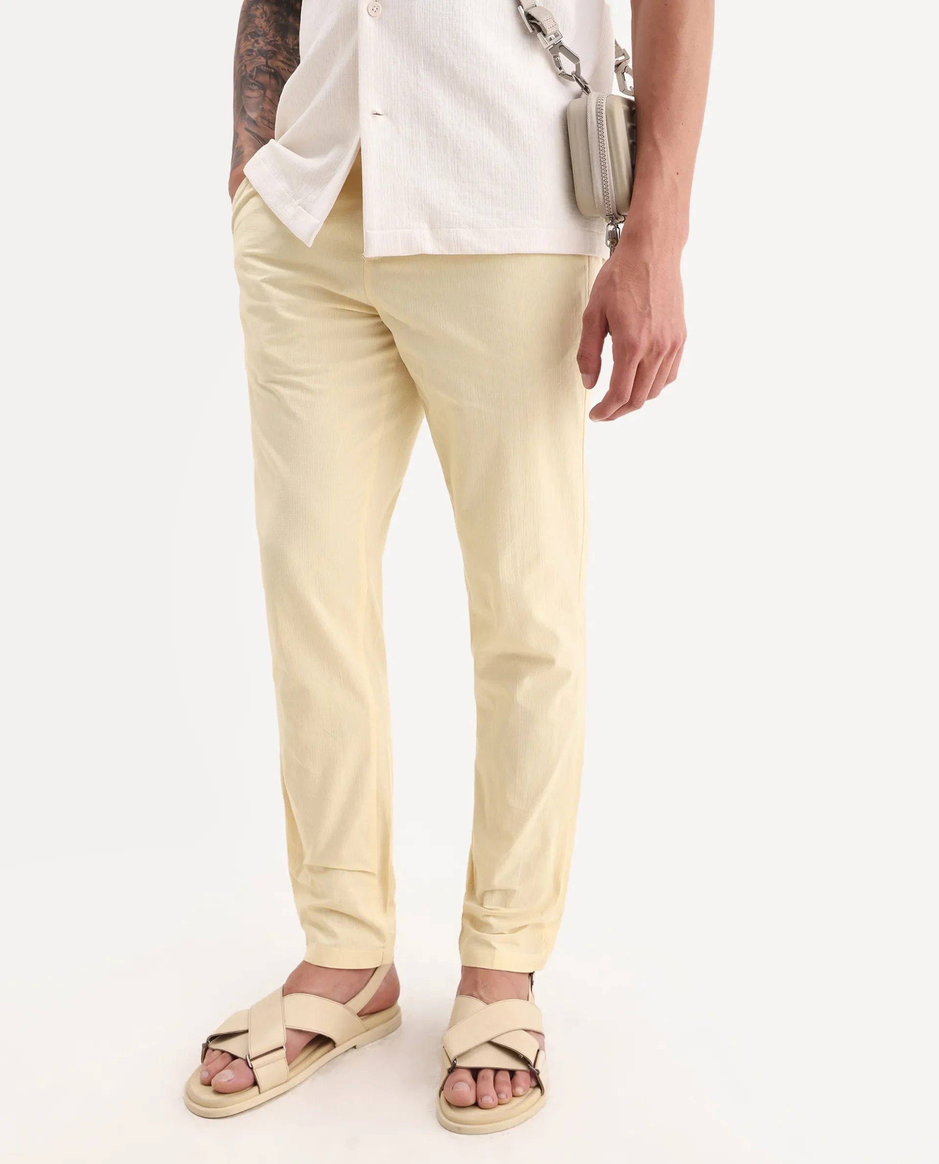 Rare Rabbit Men's Harlow Yellow Cotton Plain Regular Fit Trouser - Image 2