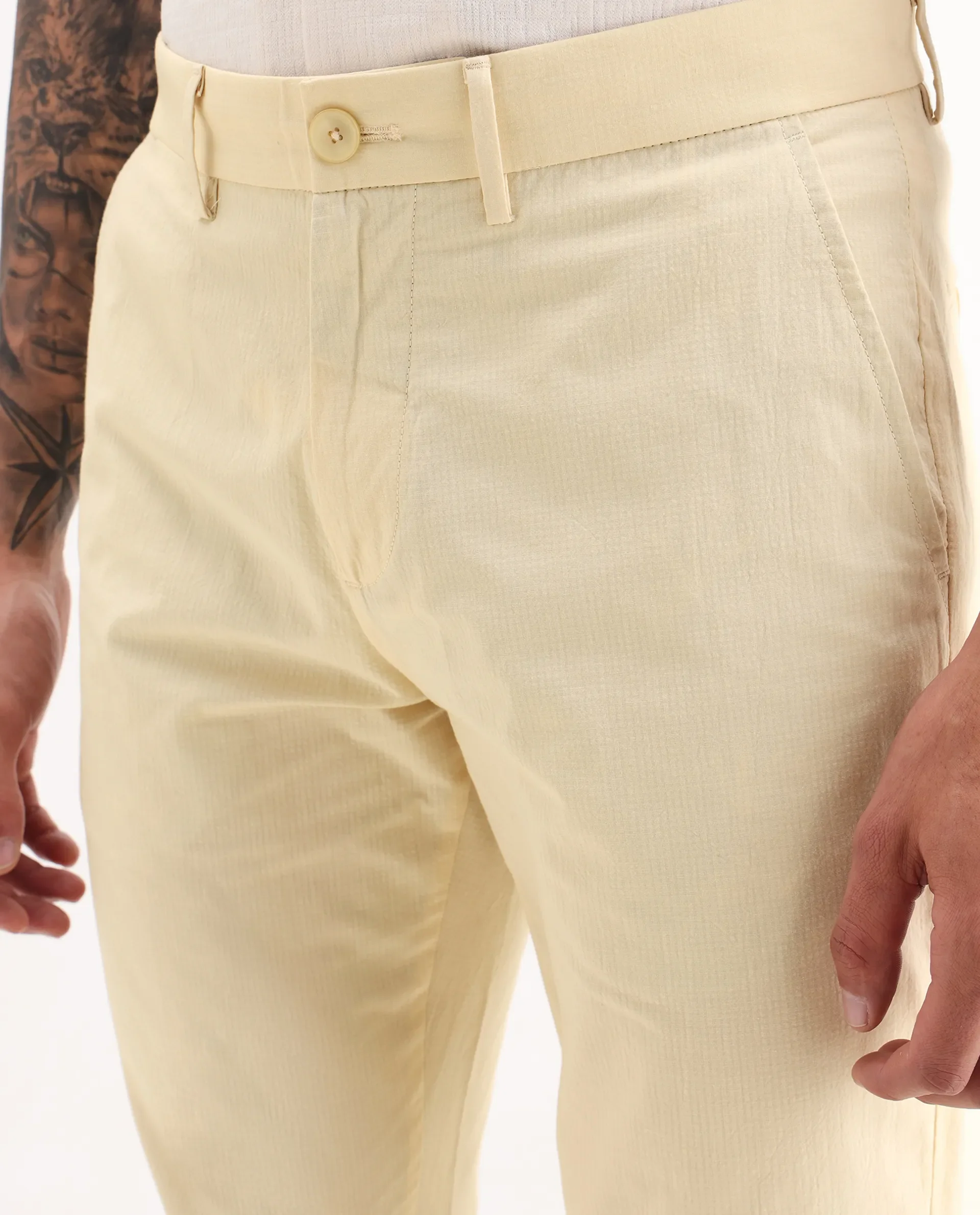 Rare Rabbit Men's Harlow Yellow Cotton Plain Regular Fit Trouser - Image 3