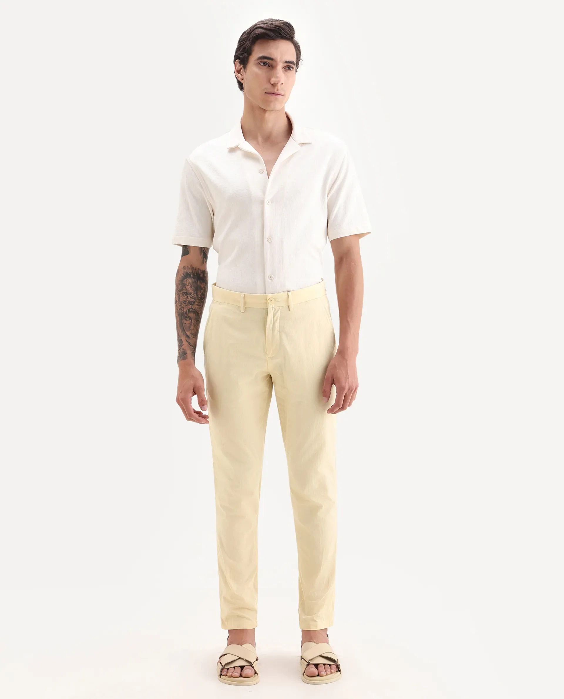 Rare Rabbit Men's Harlow Yellow Cotton Plain Regular Fit Trouser - Image 4