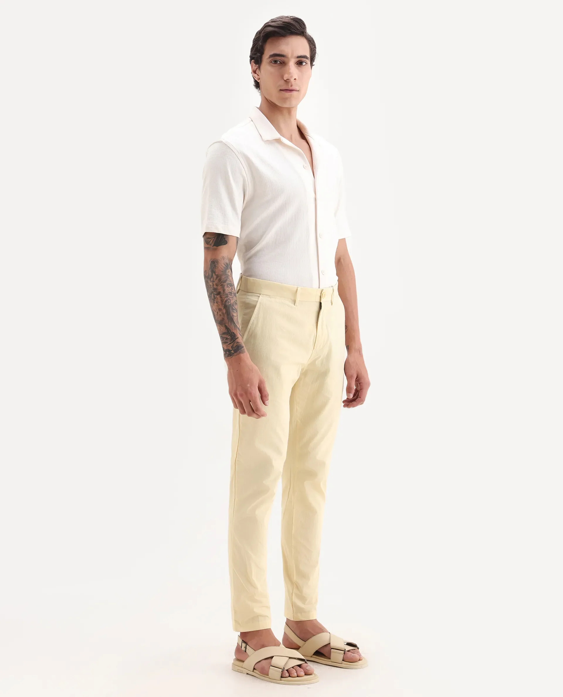 Rare Rabbit Men's Harlow Yellow Cotton Plain Regular Fit Trouser - Image 5