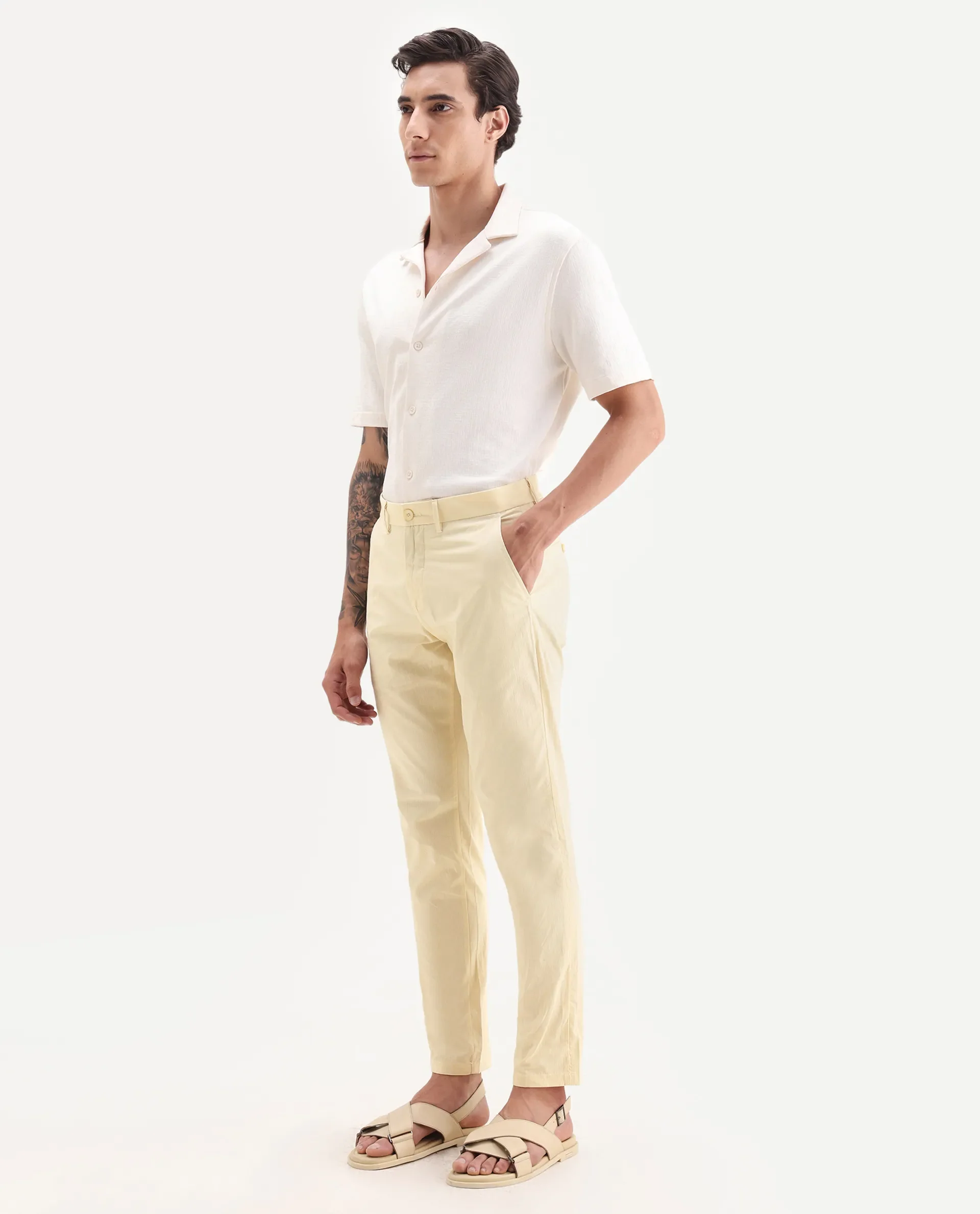 Rare Rabbit Men's Harlow Yellow Cotton Plain Regular Fit Trouser - Image 6