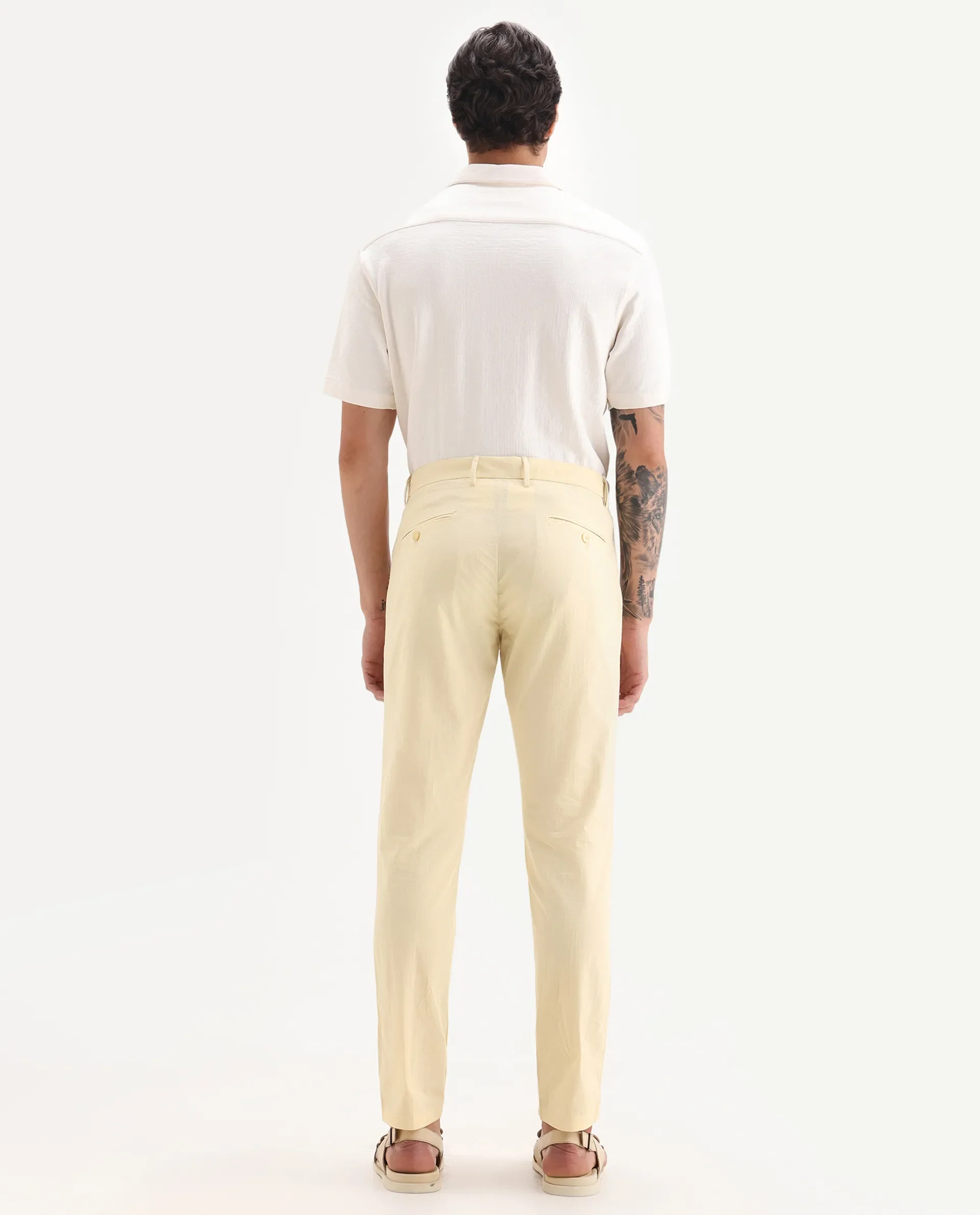 Rare Rabbit Men's Harlow Yellow Cotton Plain Regular Fit Trouser - Image 7