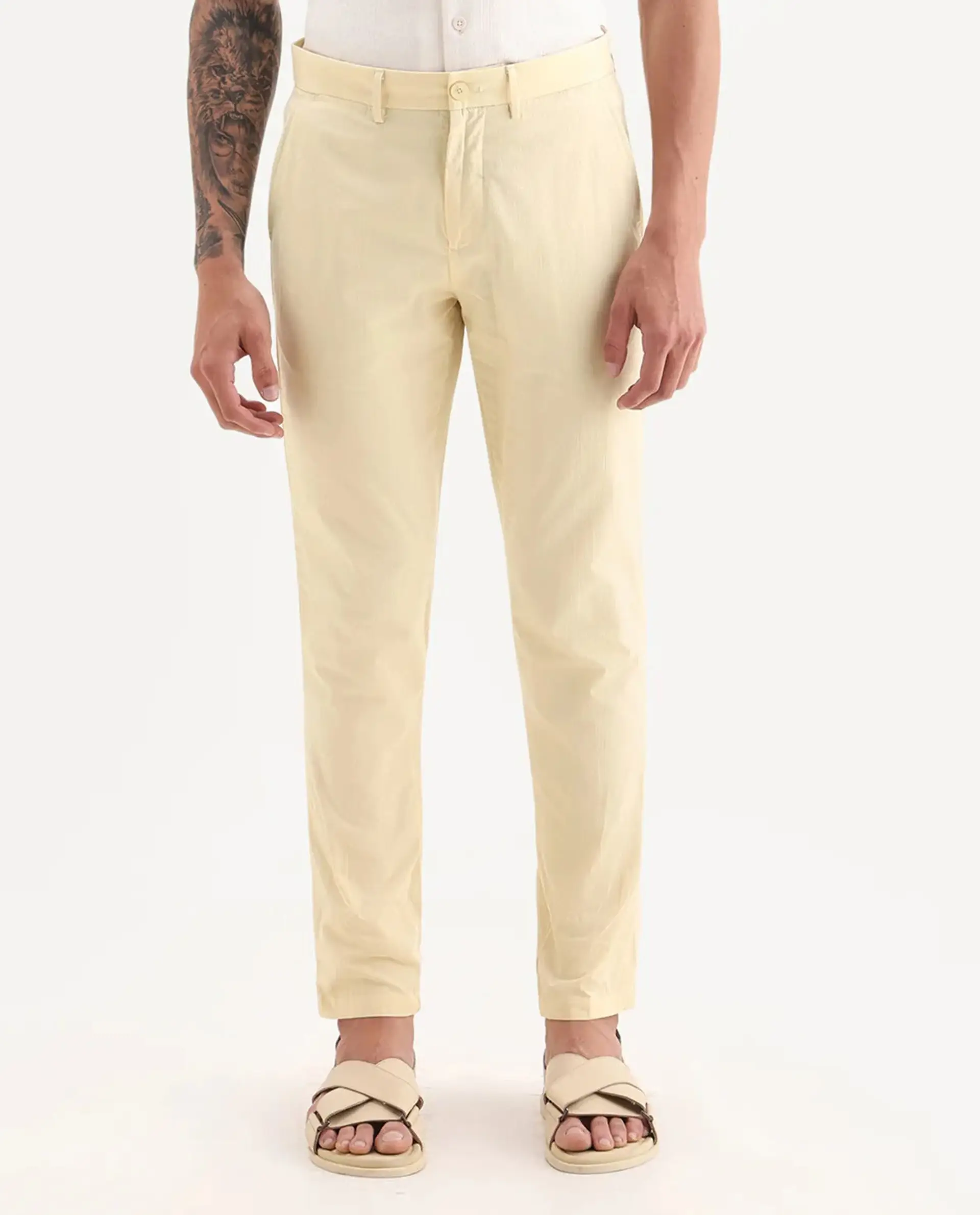Rare Rabbit Men's Harlow Yellow Cotton Plain Regular Fit Trouser - Image 8