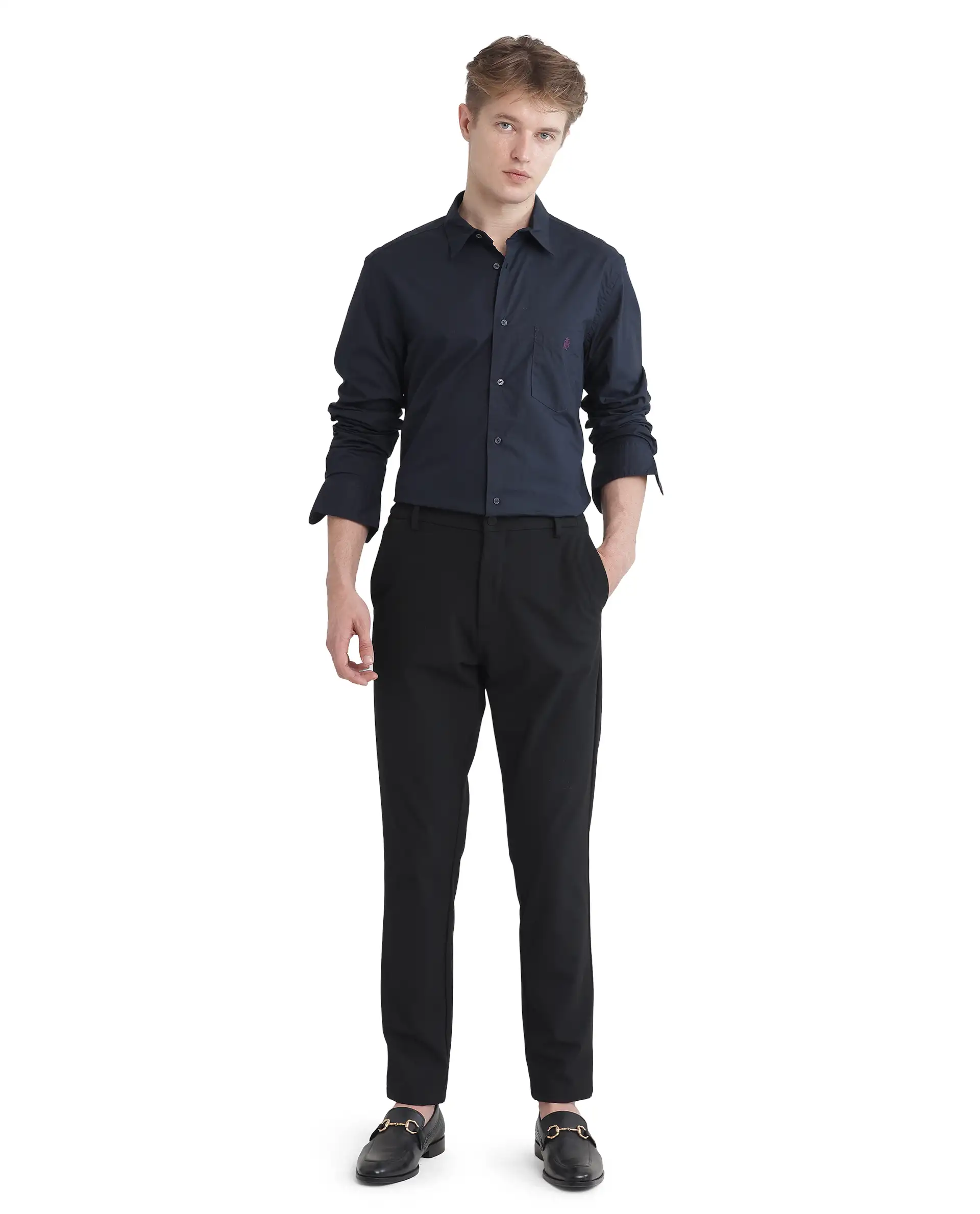 Rare Rabbit Men's Harmin-25 Navy Cotton Plain Regular Fit Full Sleeve Collared Shirt - Image 2