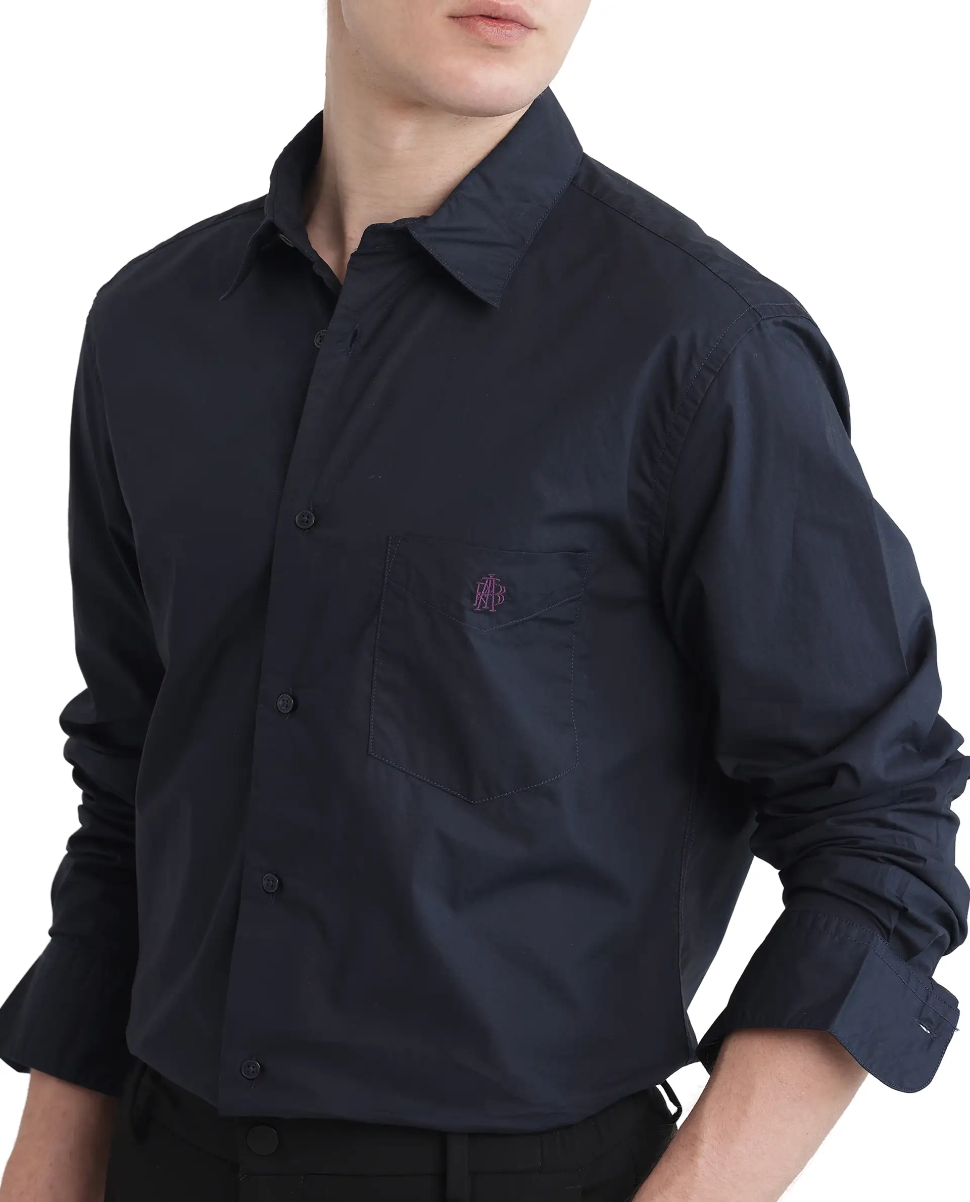 Rare Rabbit Men's Harmin-25 Navy Cotton Plain Regular Fit Full Sleeve Collared Shirt - Image 3