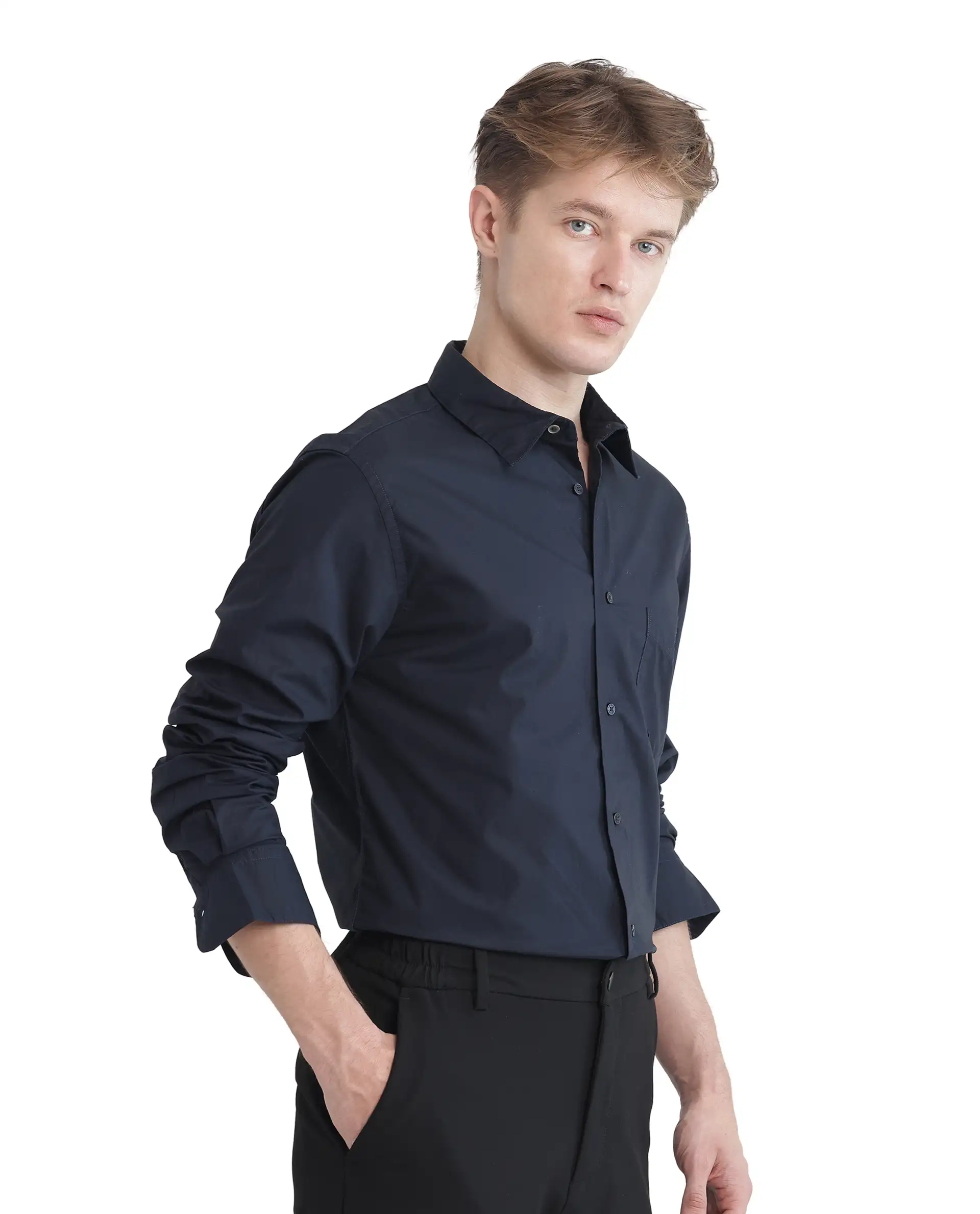 Rare Rabbit Men's Harmin-25 Navy Cotton Plain Regular Fit Full Sleeve Collared Shirt - Image 7