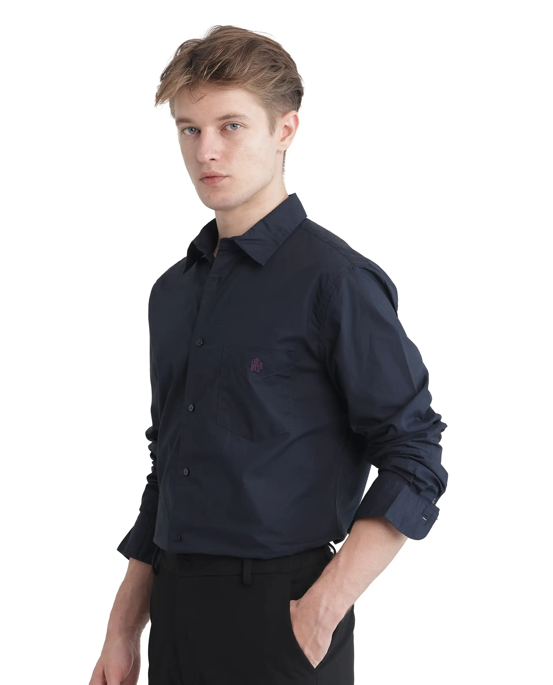 Rare Rabbit Men's Harmin-25 Navy Cotton Plain Regular Fit Full Sleeve Collared Shirt - Image 8