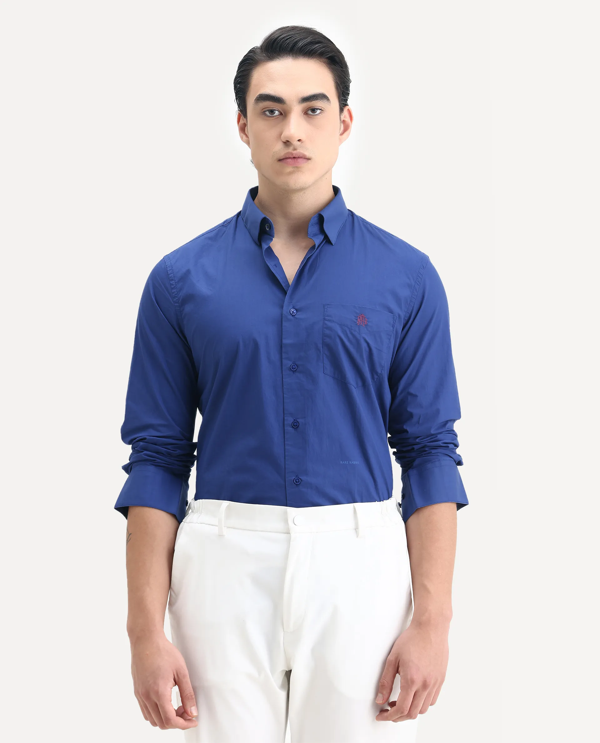 Rare Rabbit Men's Harmin Pastel Dark Blue Cotton Embroidered Regular Fit Full Sleeve Collared Shirt - Image 4