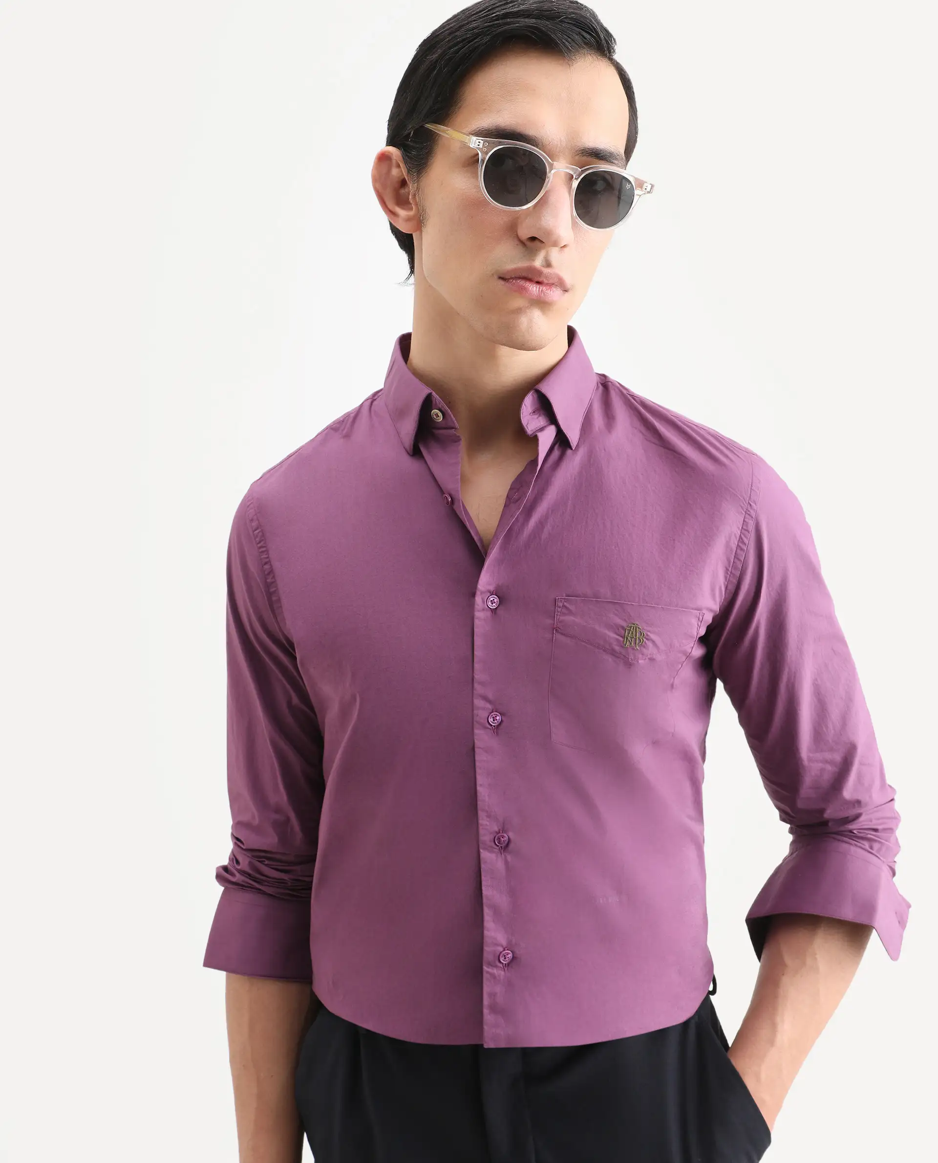 Rare Rabbit Men's Harmin Dusky Purple Cotton Embroidered Regular Fit Full Sleeve Collared Shirt