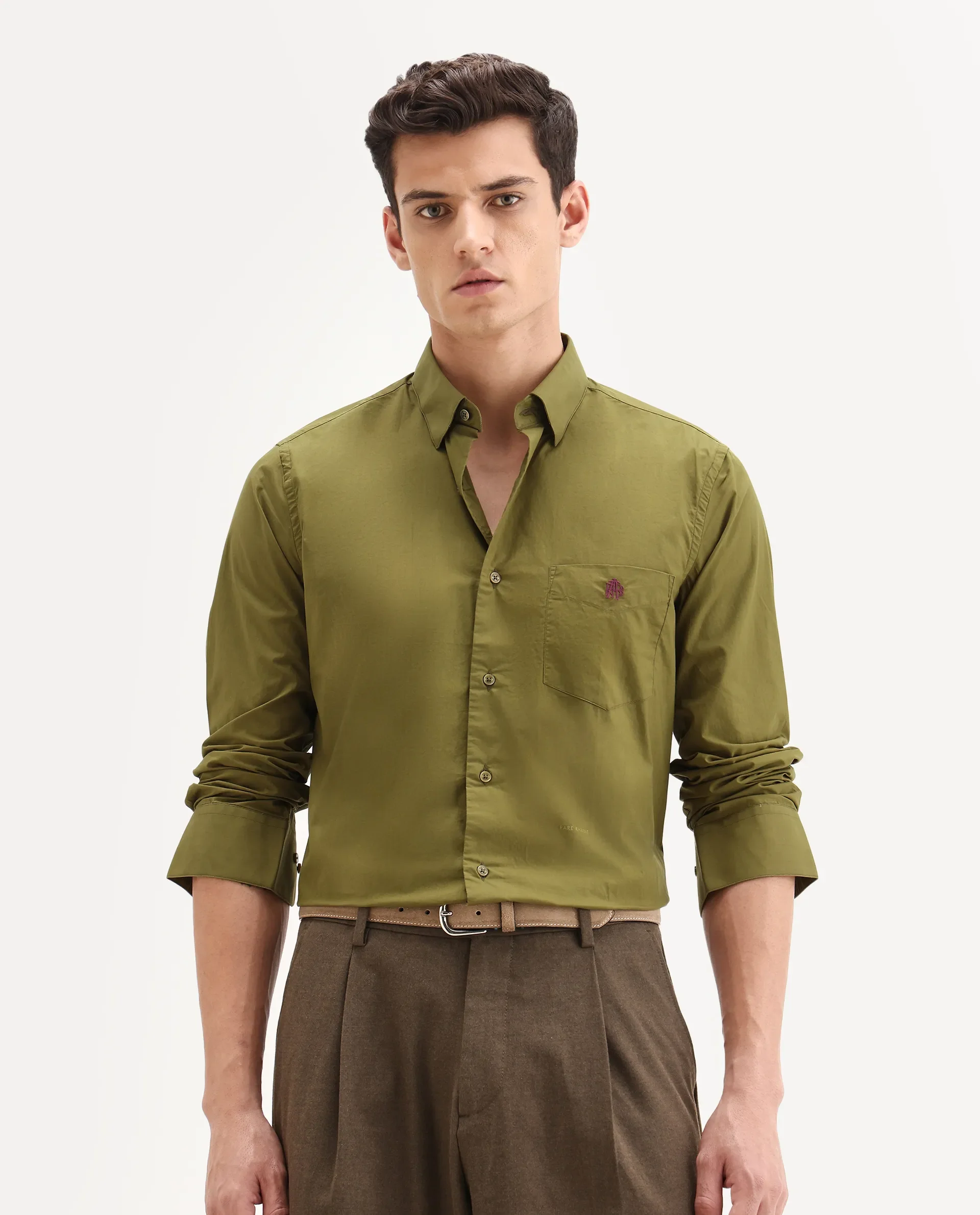 Rare Rabbit Men's Harmin Light Olive Cotton Embroidered Regular Fit Full Sleeve Collared Shirt - Image 4