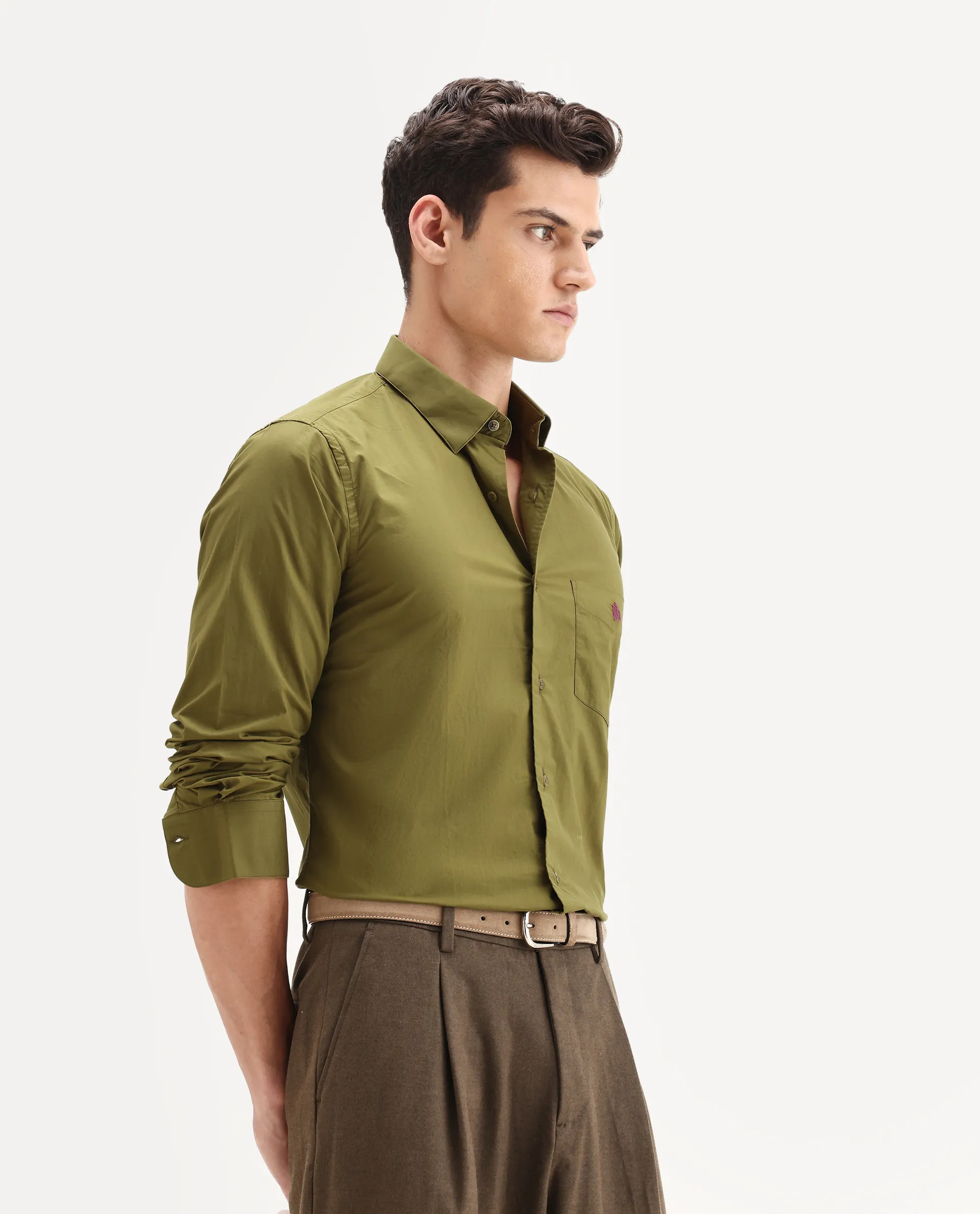 Rare Rabbit Men's Harmin Light Olive Cotton Embroidered Regular Fit Full Sleeve Collared Shirt - Image 5