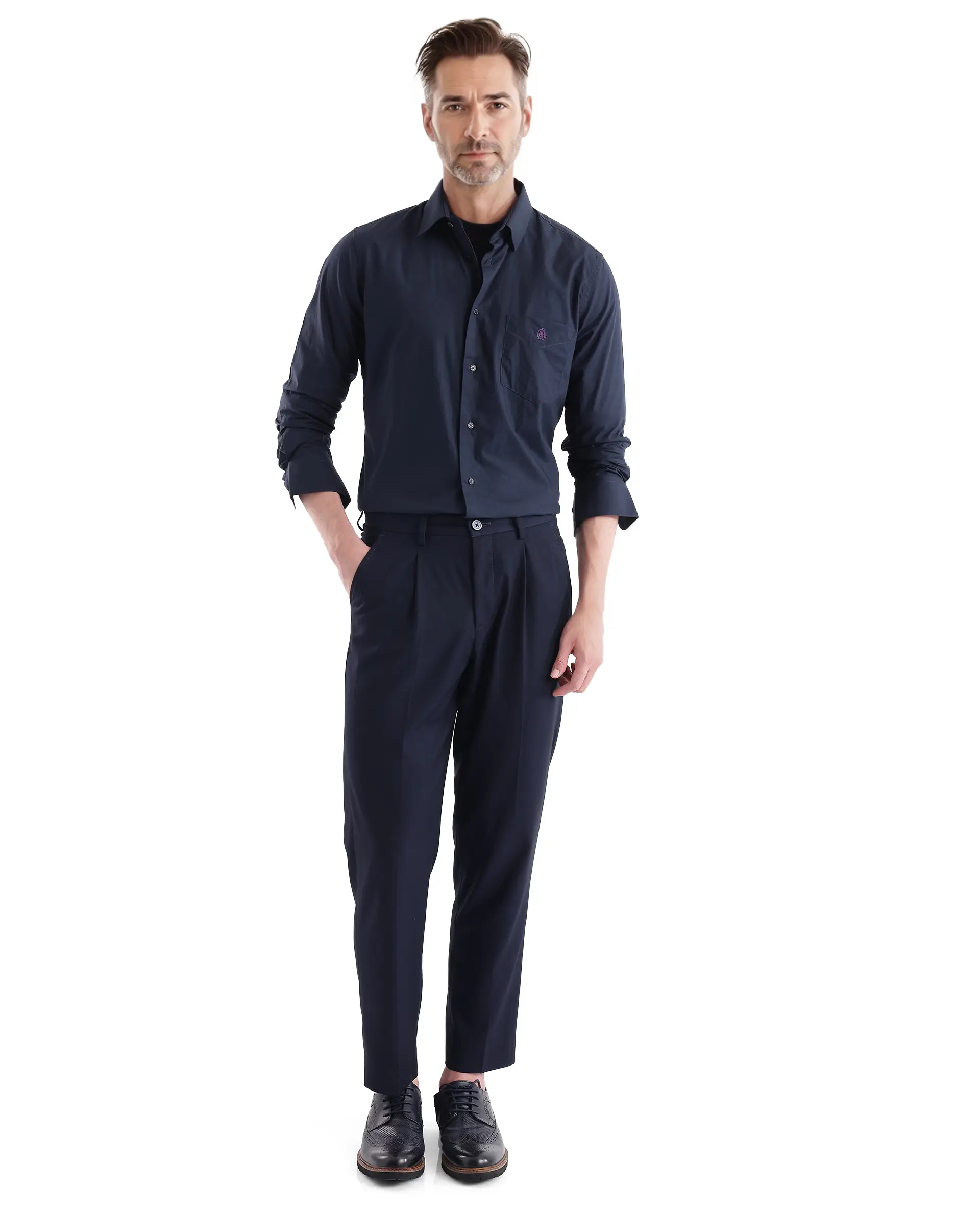 Rare Rabbit Men's Harmin Navy Cotton Plain Regular Fit Full Sleeve Collared Shirt - Image 2