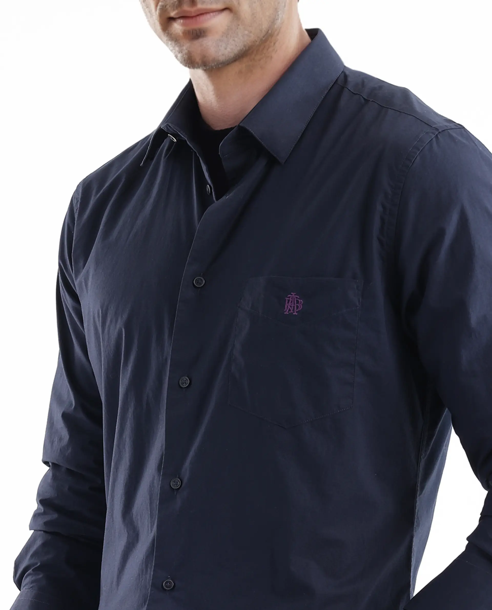 Rare Rabbit Men's Harmin Navy Cotton Plain Regular Fit Full Sleeve Collared Shirt - Image 3