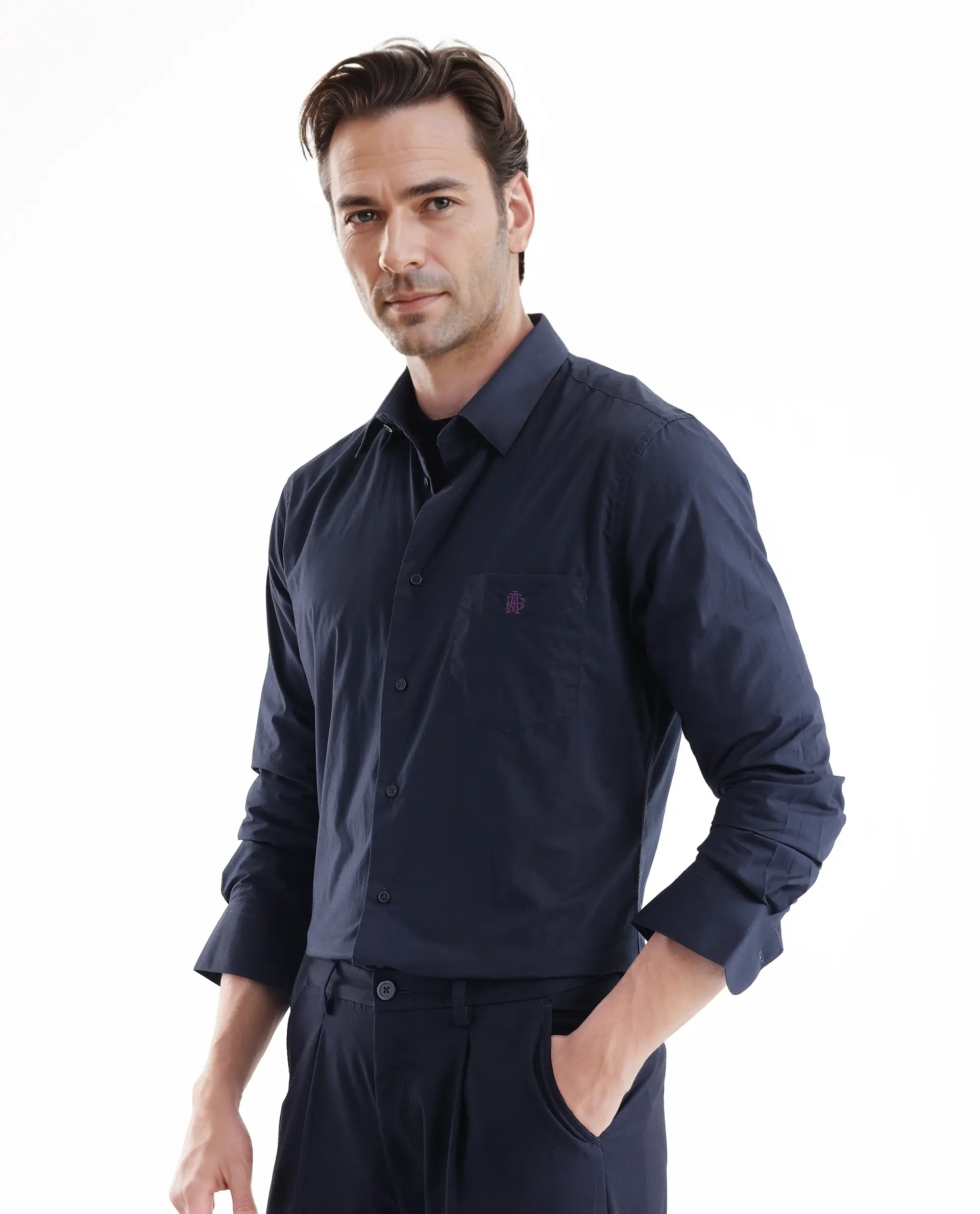 Rare Rabbit Men's Harmin Navy Cotton Plain Regular Fit Full Sleeve Collared Shirt - Image 4