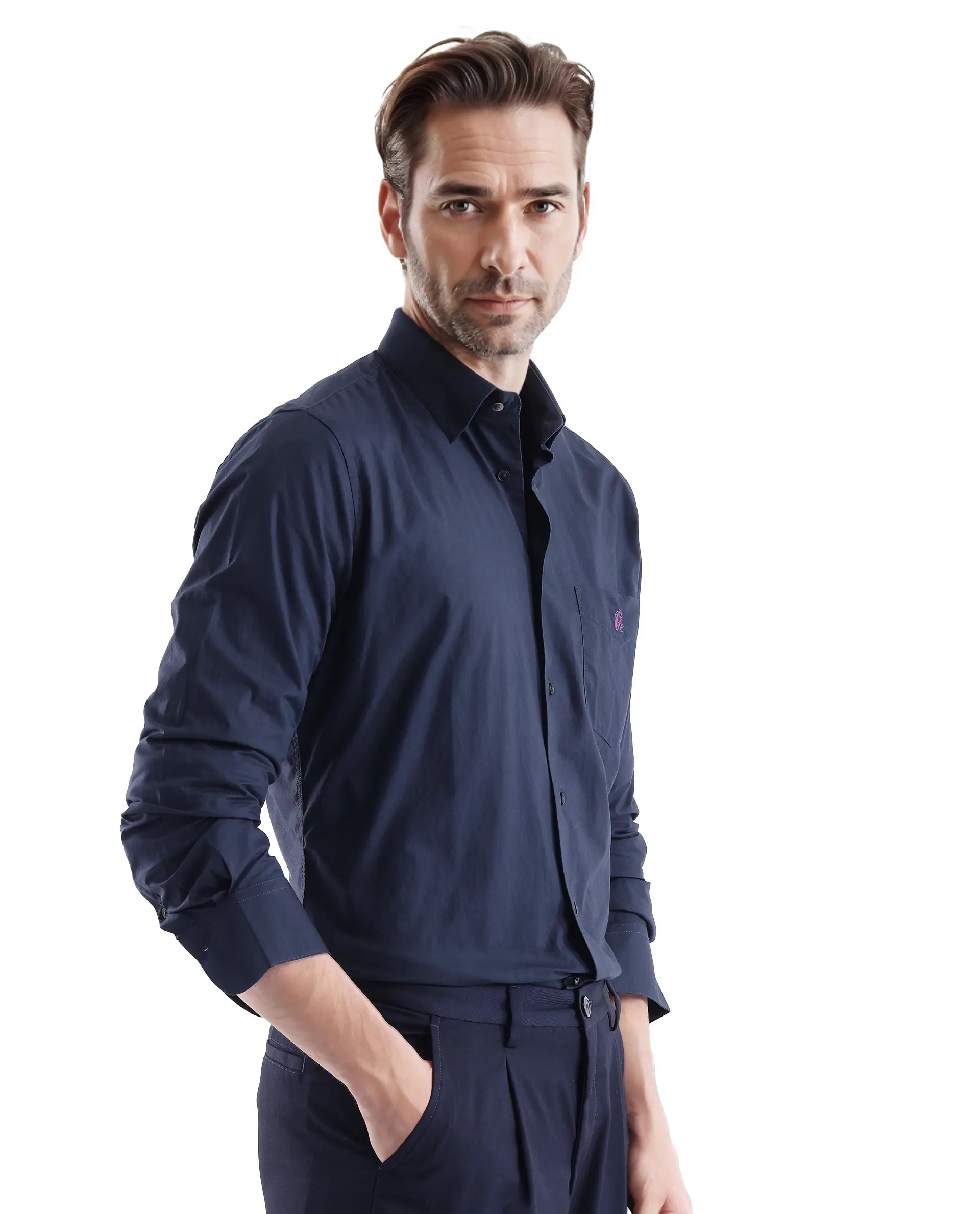 Rare Rabbit Men's Harmin Navy Cotton Plain Regular Fit Full Sleeve Collared Shirt - Image 5