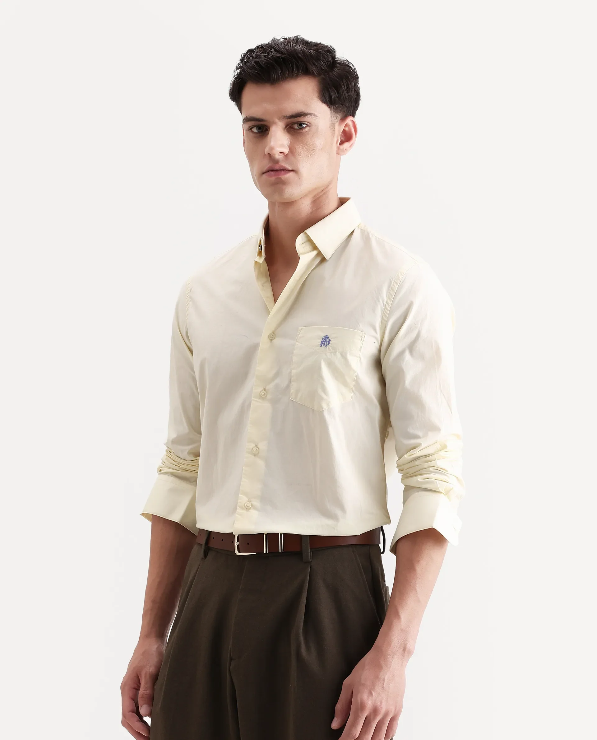 Rare Rabbit Men's Harmin Pastel Yellow Cotton Embroidered Regular Fit Full Sleeve Collared Shirt - Image 4