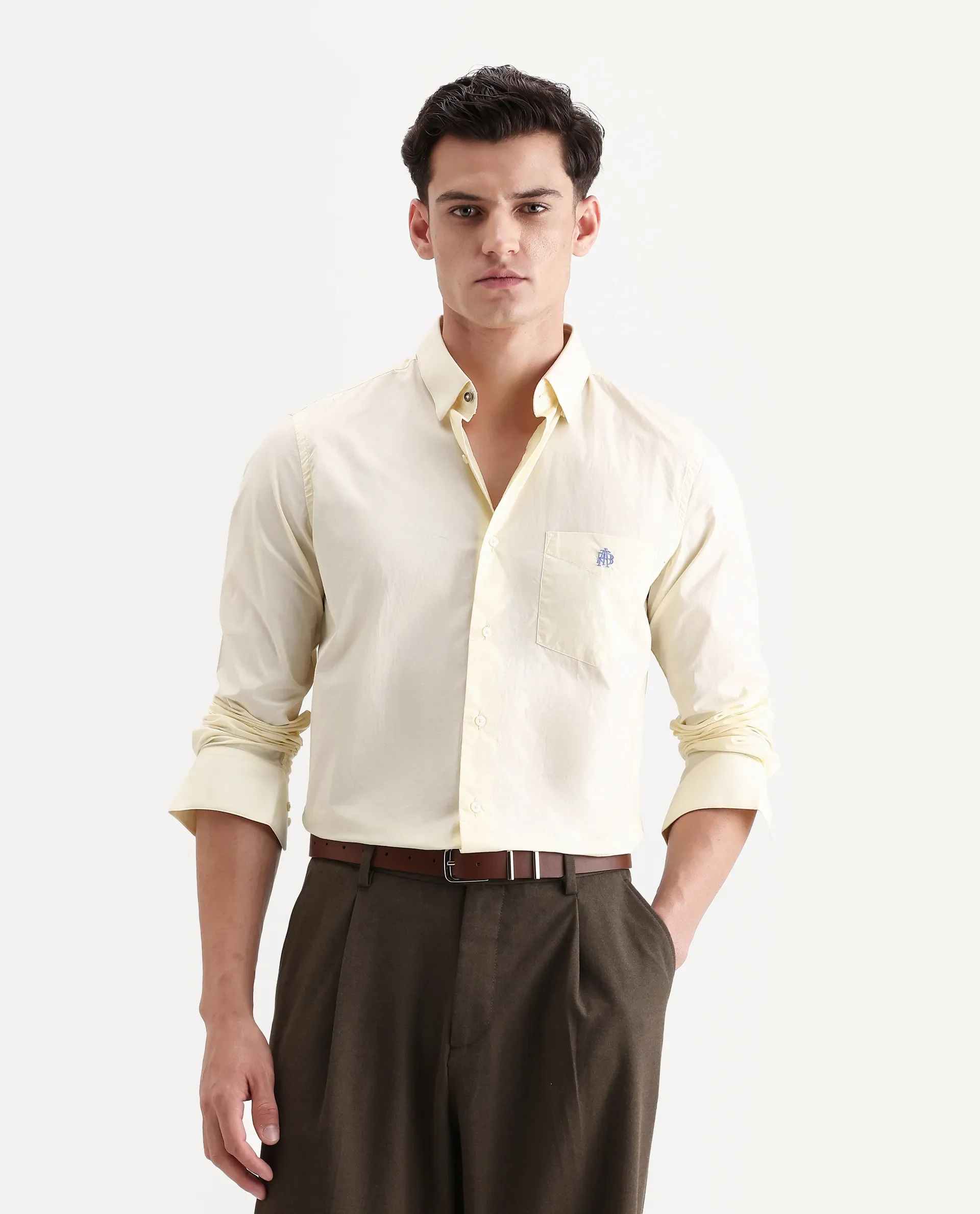 Rare Rabbit Men's Harmin Pastel Yellow Cotton Embroidered Regular Fit Full Sleeve Collared Shirt - Image 6