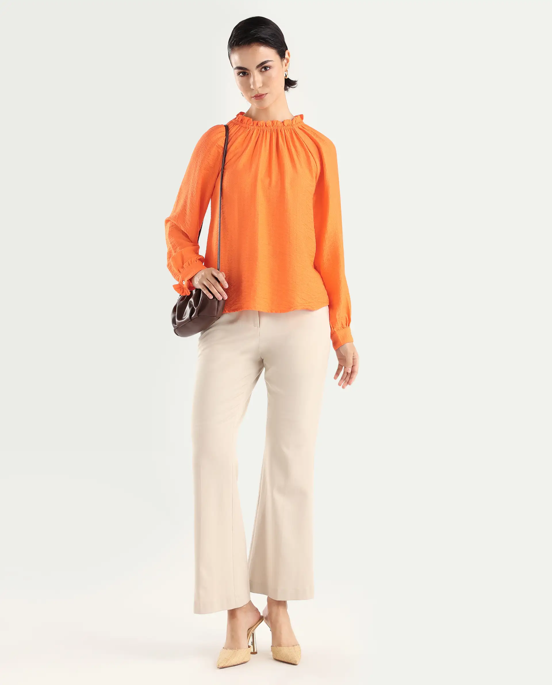 Rareism Women's Harof Dark Orange Polyester Blend High Neck Plain Balloon Sleeve Regular Fit Top - Image 2