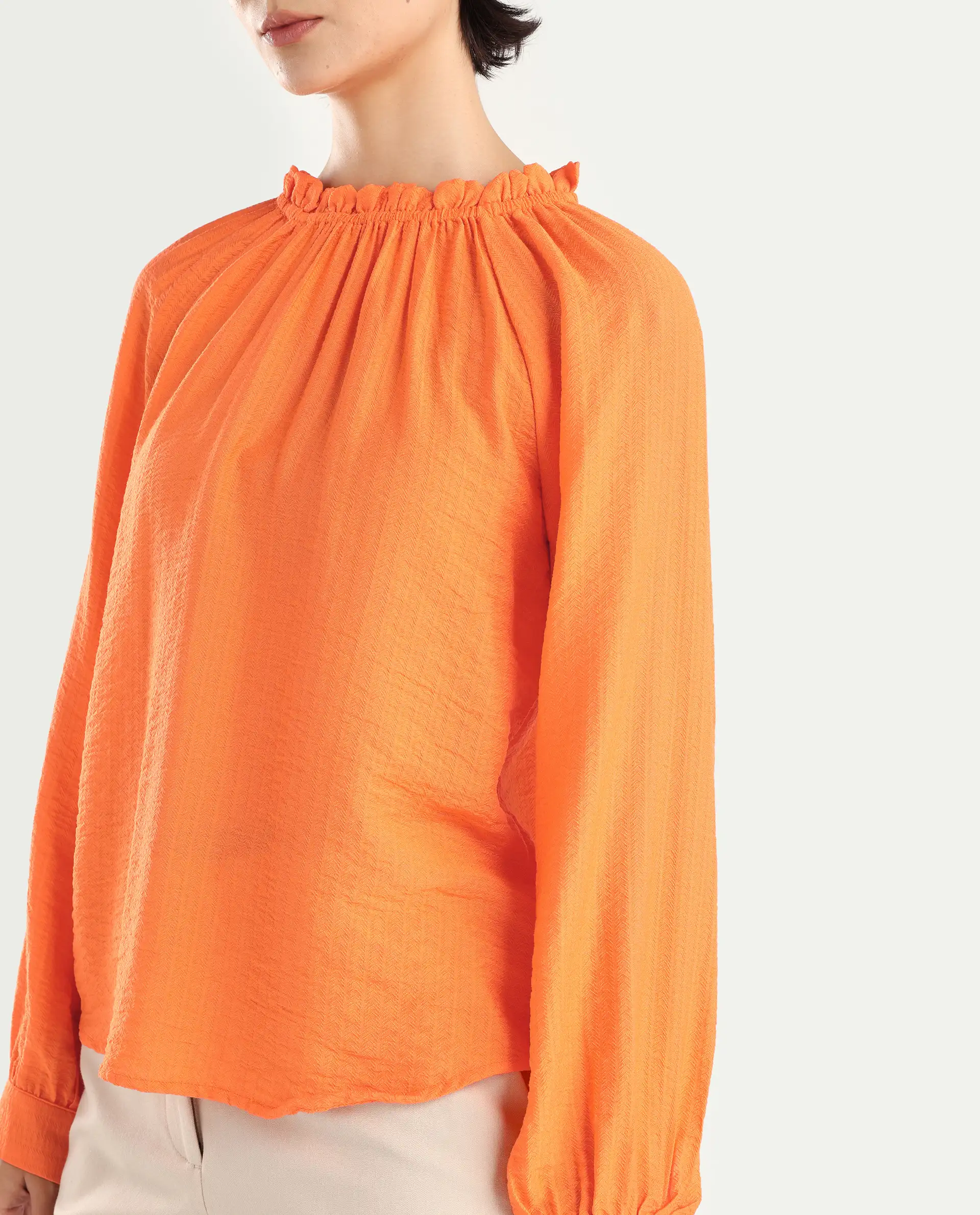 Rareism Women's Harof Dark Orange Polyester Blend High Neck Plain Balloon Sleeve Regular Fit Top - Image 3