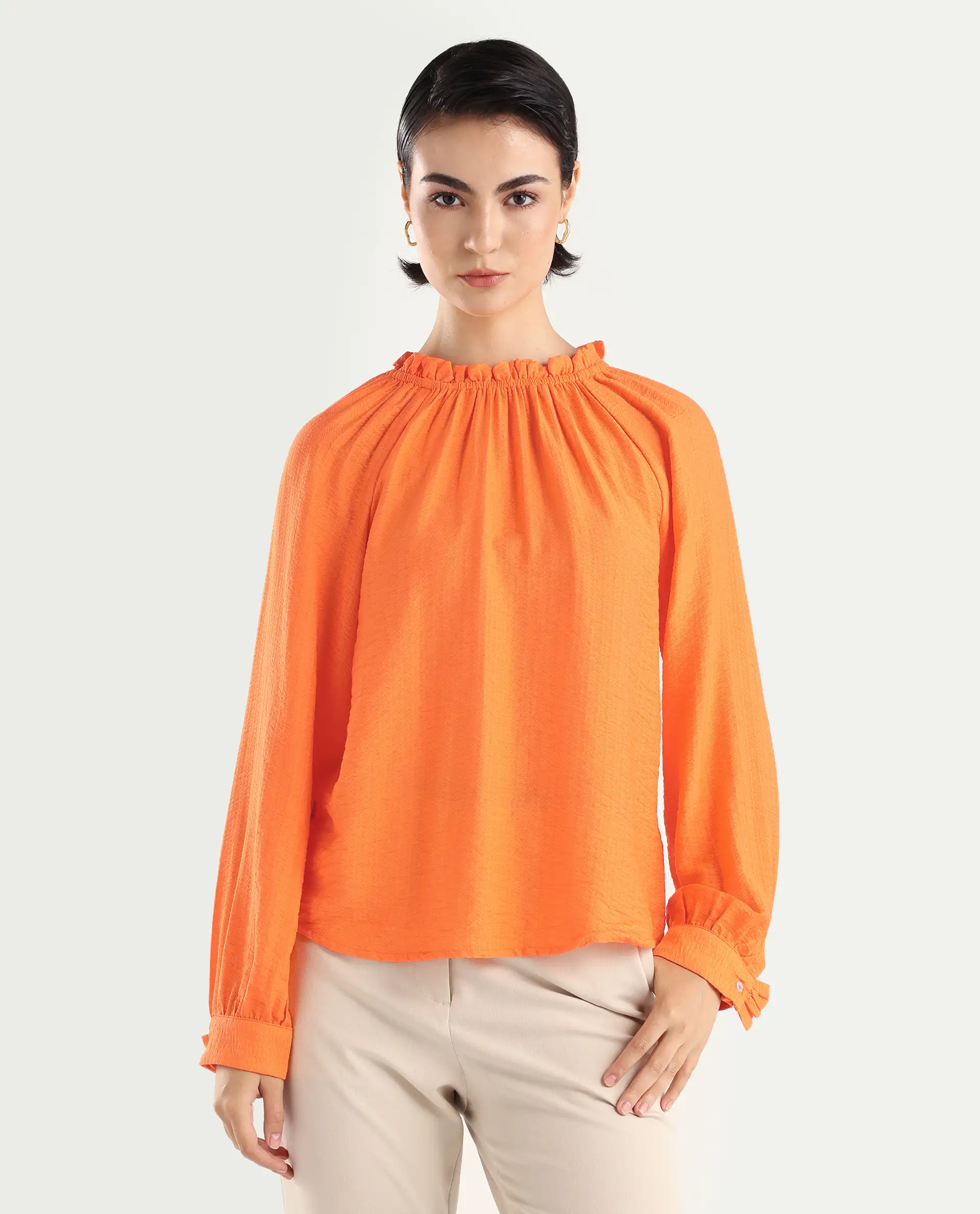 Rareism Women's Harof Dark Orange Polyester Blend High Neck Plain Balloon Sleeve Regular Fit Top - Image 4