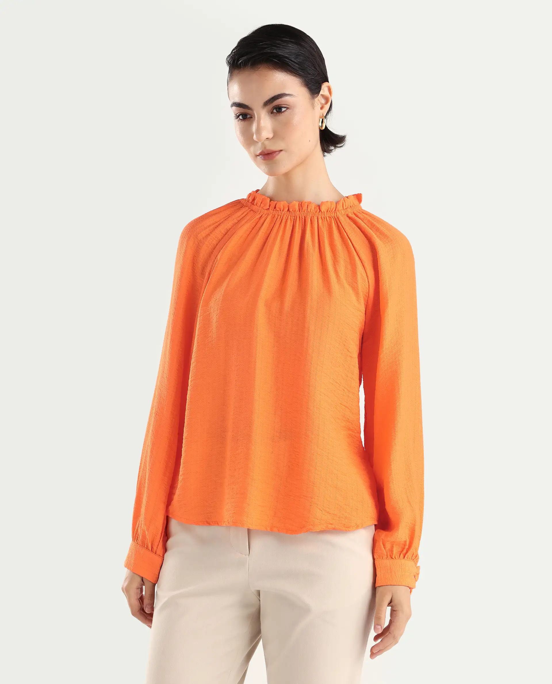 Rareism Women's Harof Dark Orange Polyester Blend High Neck Plain Balloon Sleeve Regular Fit Top - Image 5