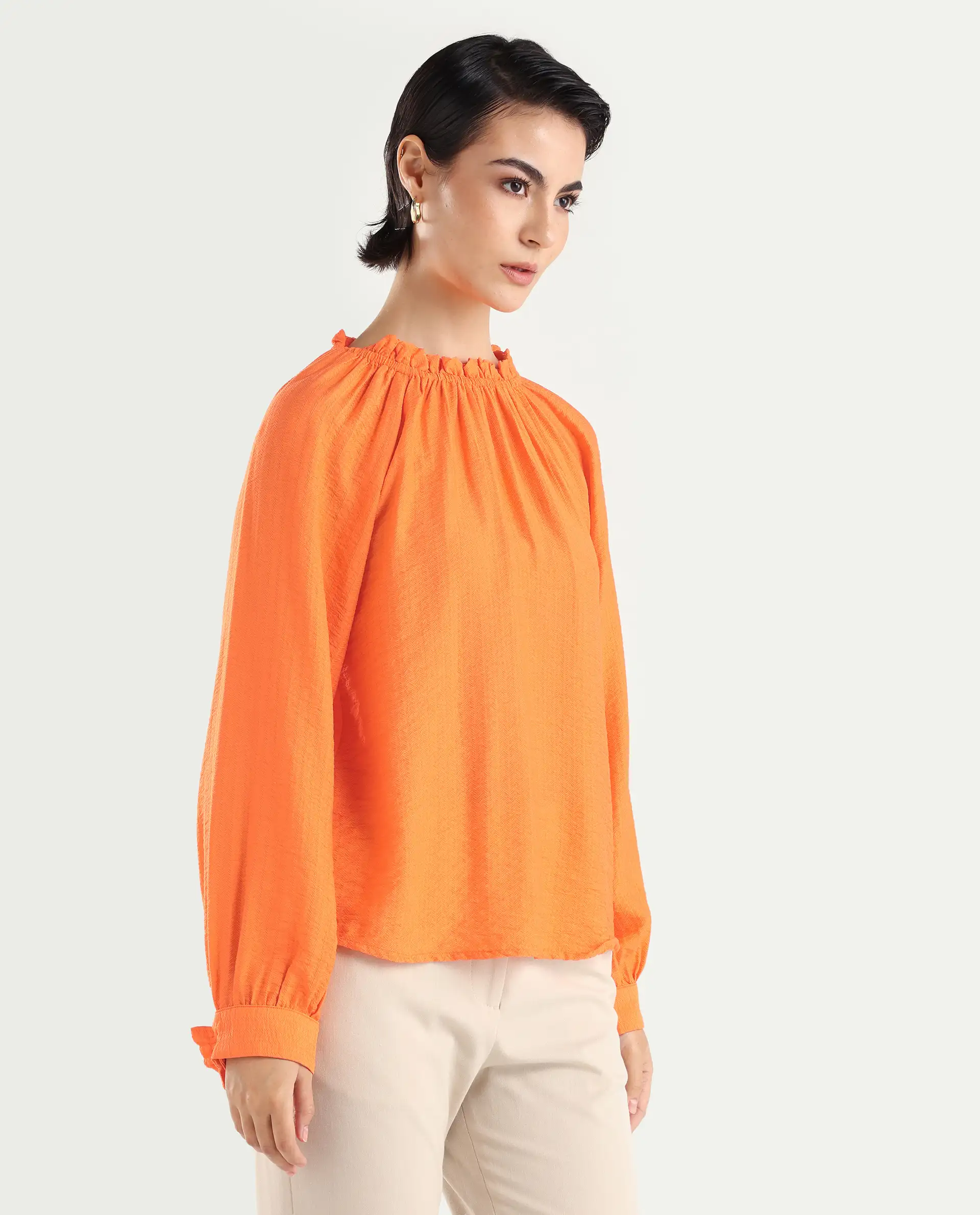 Rareism Women's Harof Dark Orange Polyester Blend High Neck Plain Balloon Sleeve Regular Fit Top - Image 6