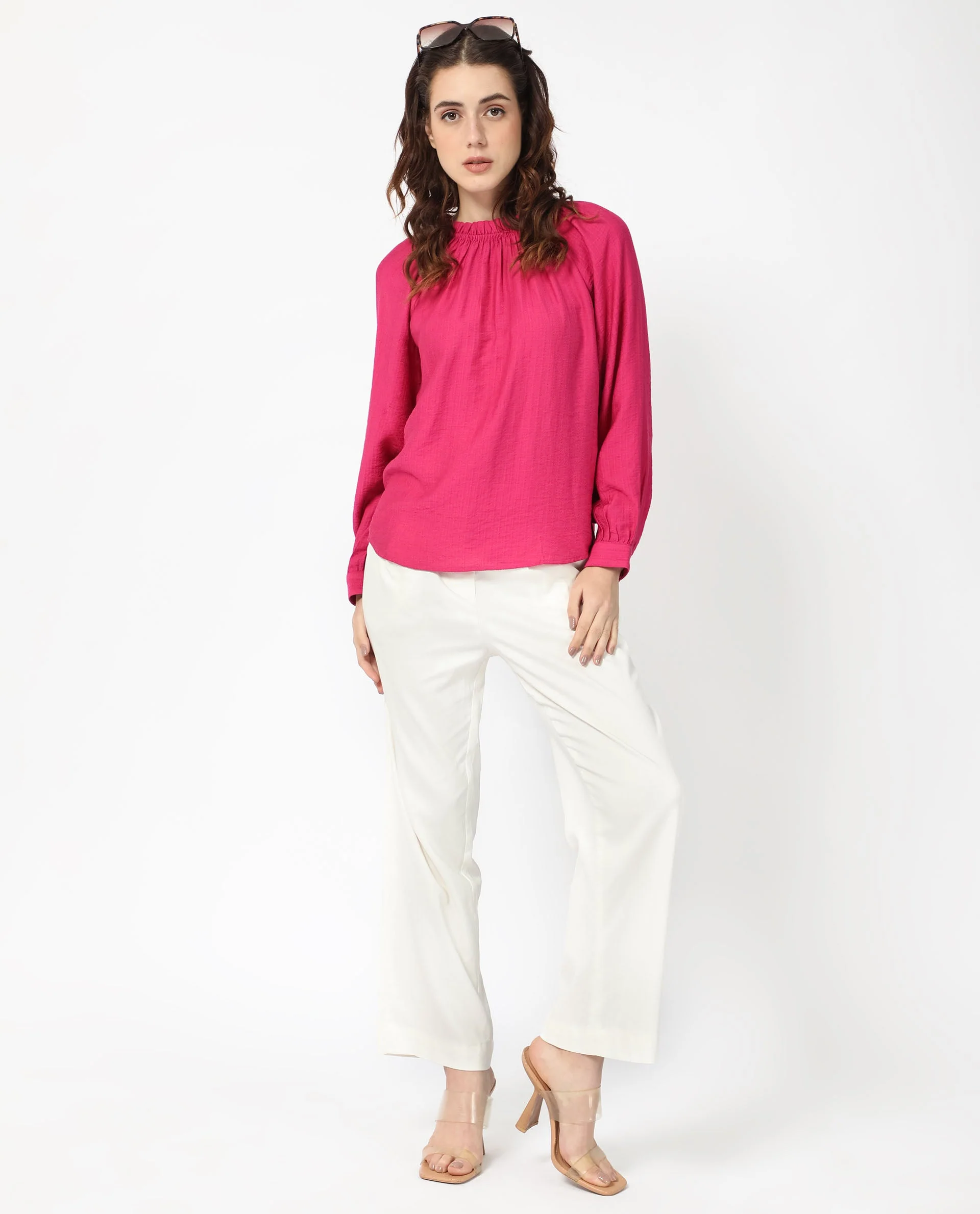 Rareism Women's Harof Dark Pink Polyester Blend High Neck Plain Balloon Sleeve Regular Fit Top - Image 2