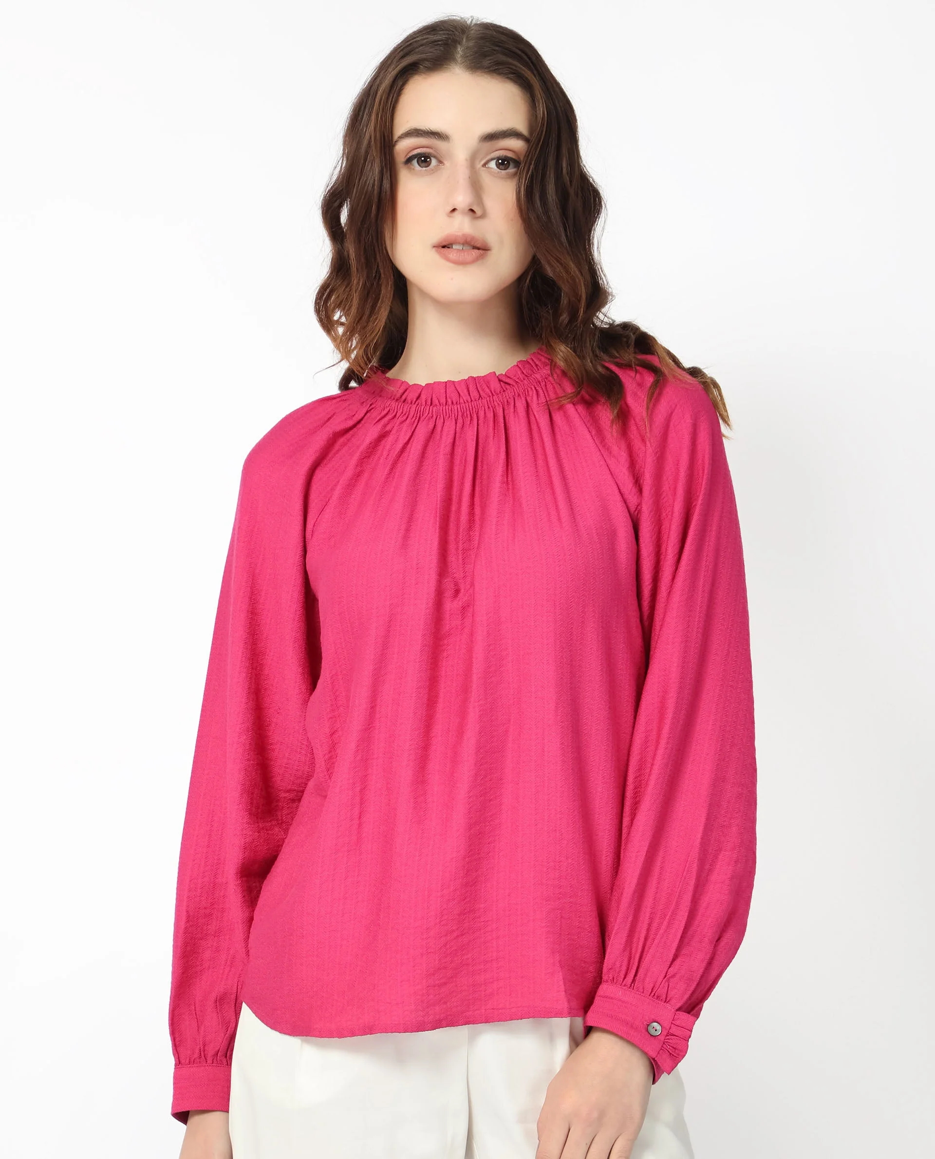 Rareism Women's Harof Dark Pink Polyester Blend High Neck Plain Balloon Sleeve Regular Fit Top - Image 3