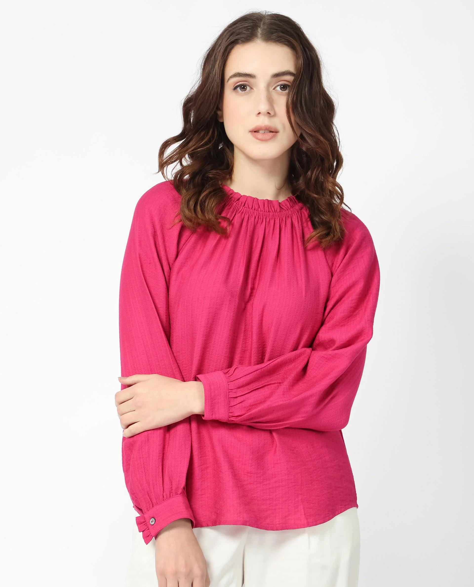 Rareism Women's Harof Dark Pink Polyester Blend High Neck Plain Balloon Sleeve Regular Fit Top - Image 4
