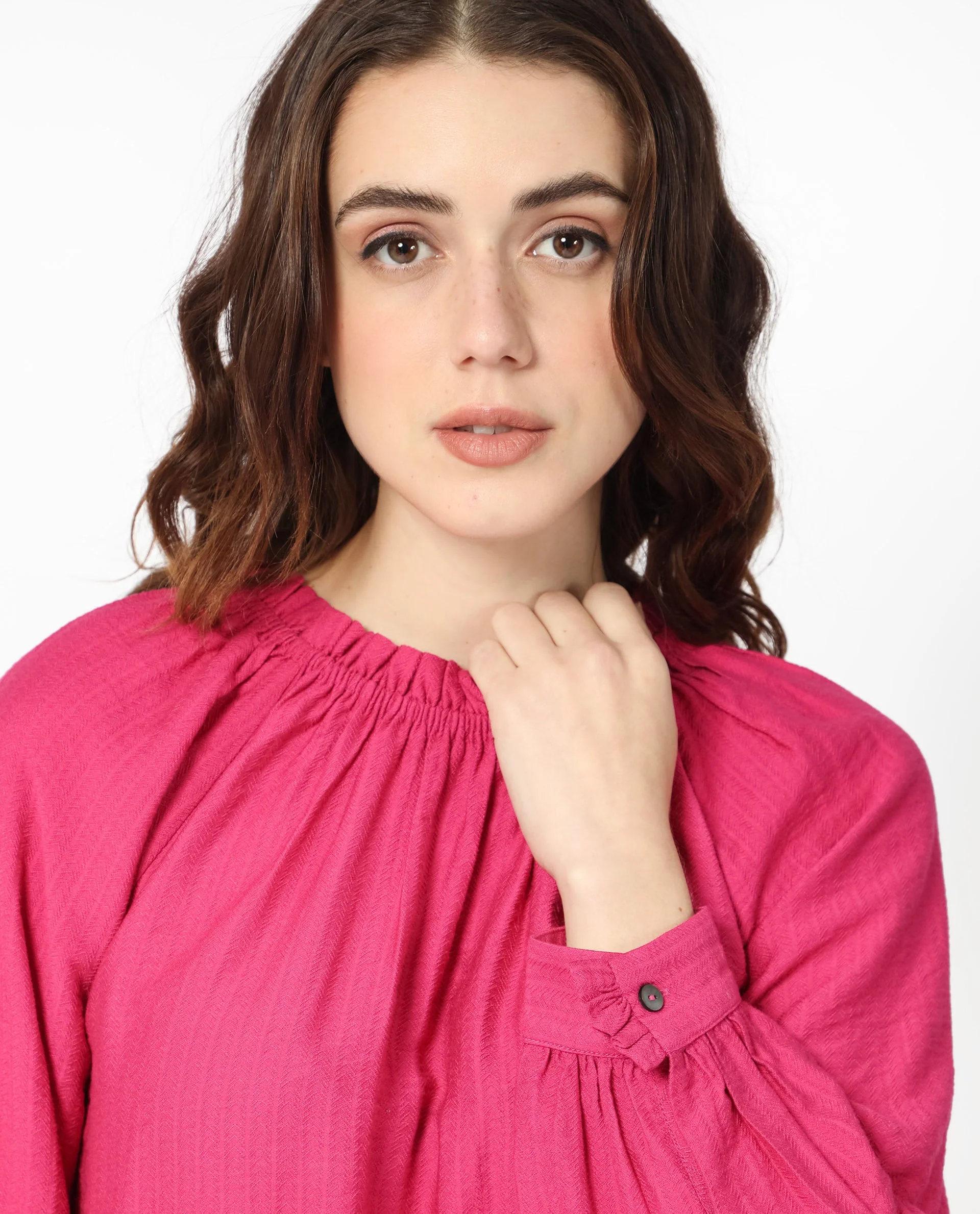 Rareism Women's Harof Dark Pink Polyester Blend High Neck Plain Balloon Sleeve Regular Fit Top - Image 5