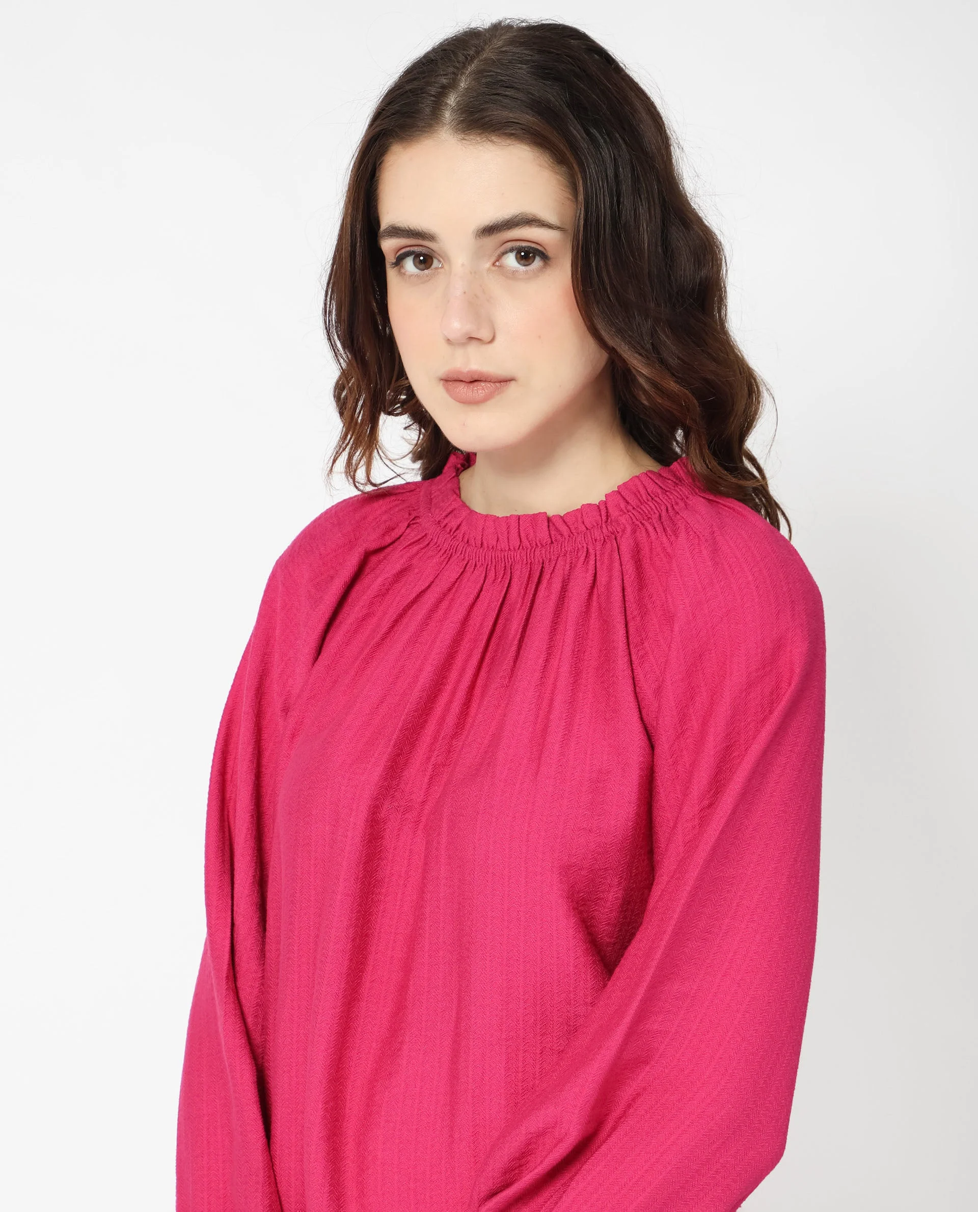 Rareism Women's Harof Dark Pink Polyester Blend High Neck Plain Balloon Sleeve Regular Fit Top - Image 6