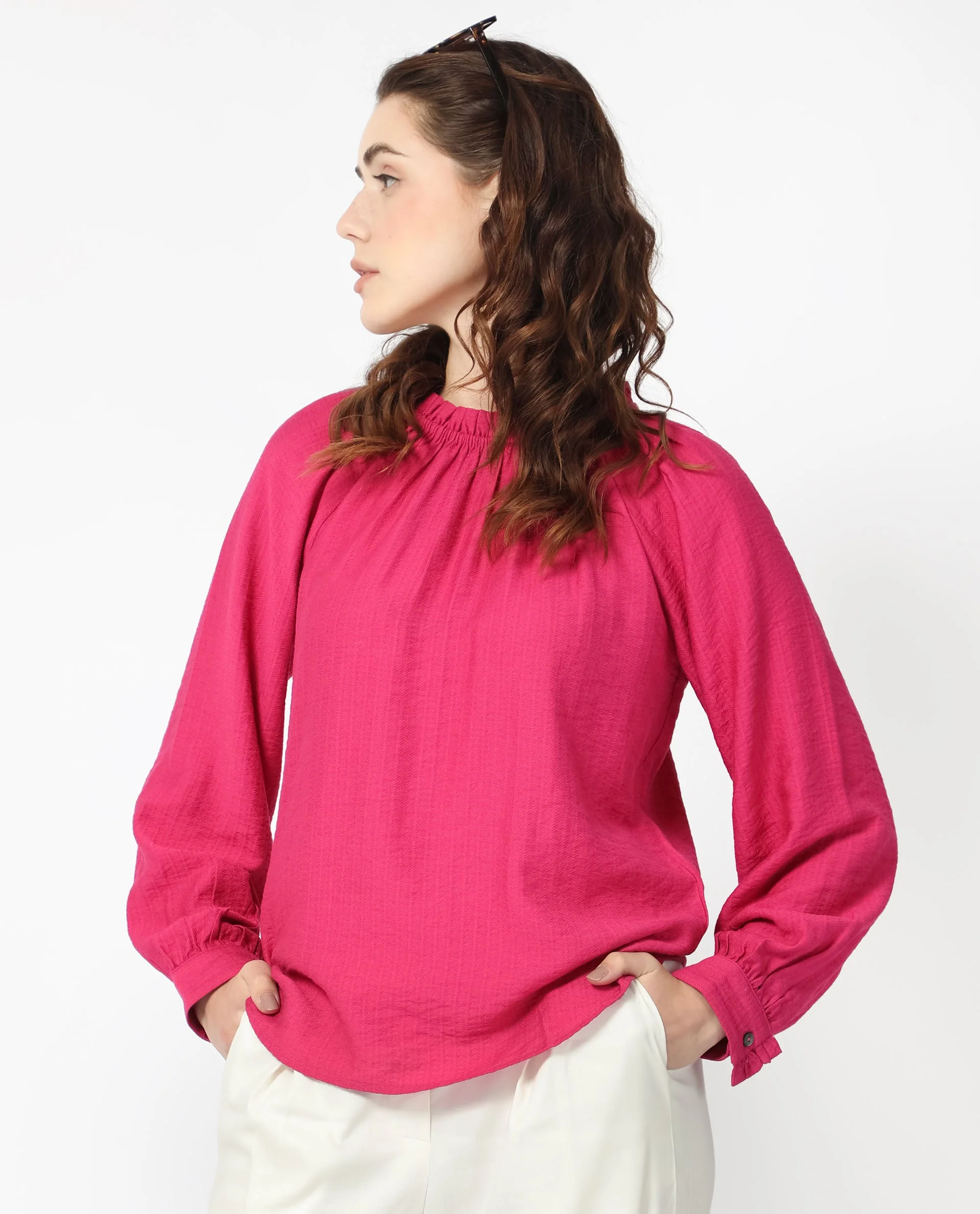 Rareism Women's Harof Dark Pink Polyester Blend High Neck Plain Balloon Sleeve Regular Fit Top - Image 7