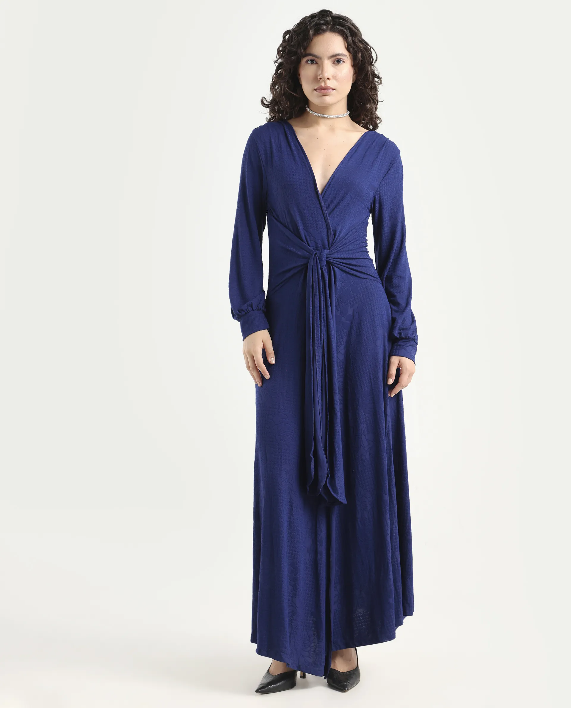 Rareism Women's Harpa Navy Polyester V-Neck Plain Bishop Sleeve Maxi Regular Fit Dress - Image 3