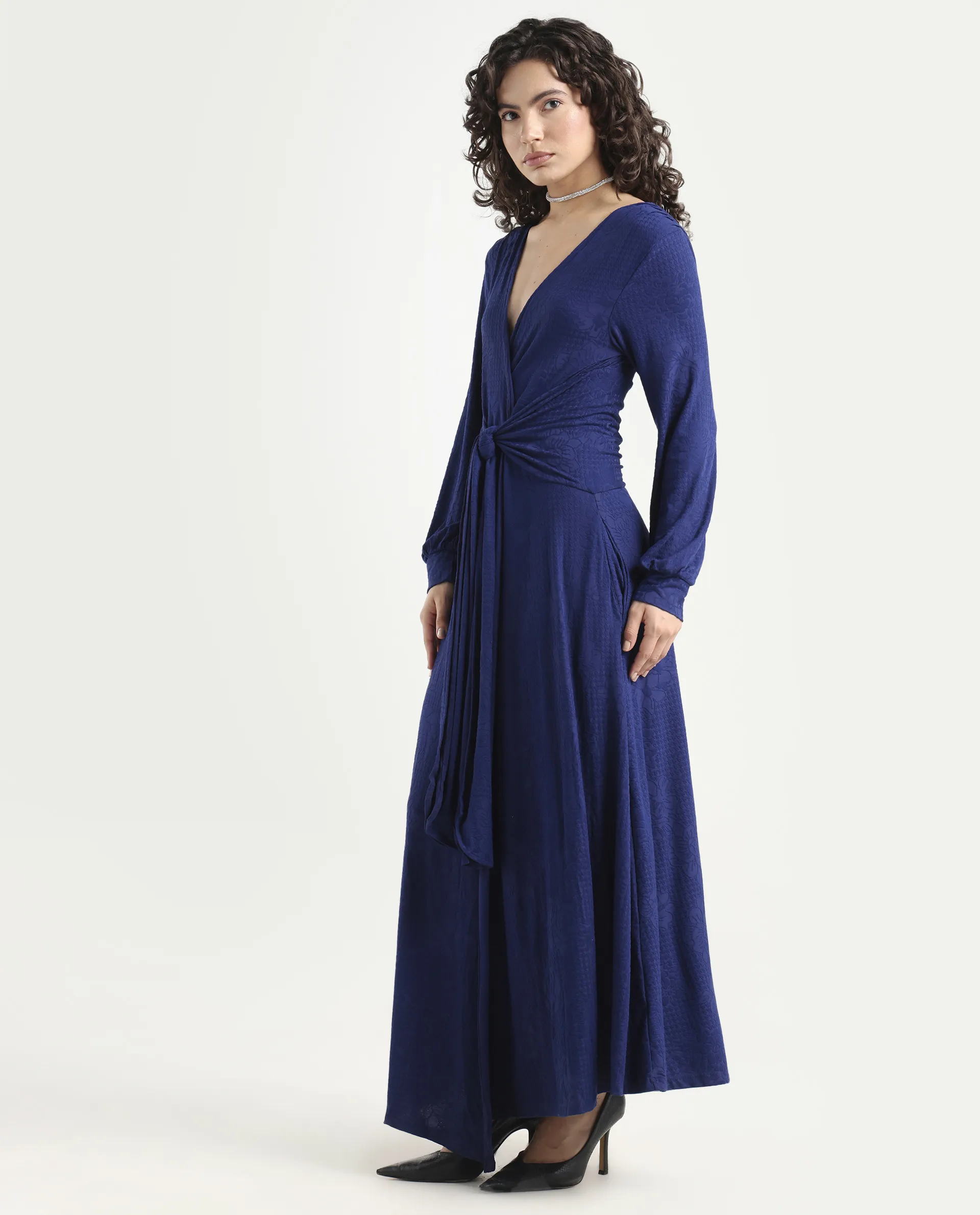 Rareism Women's Harpa Navy Polyester V-Neck Plain Bishop Sleeve Maxi Regular Fit Dress - Image 5