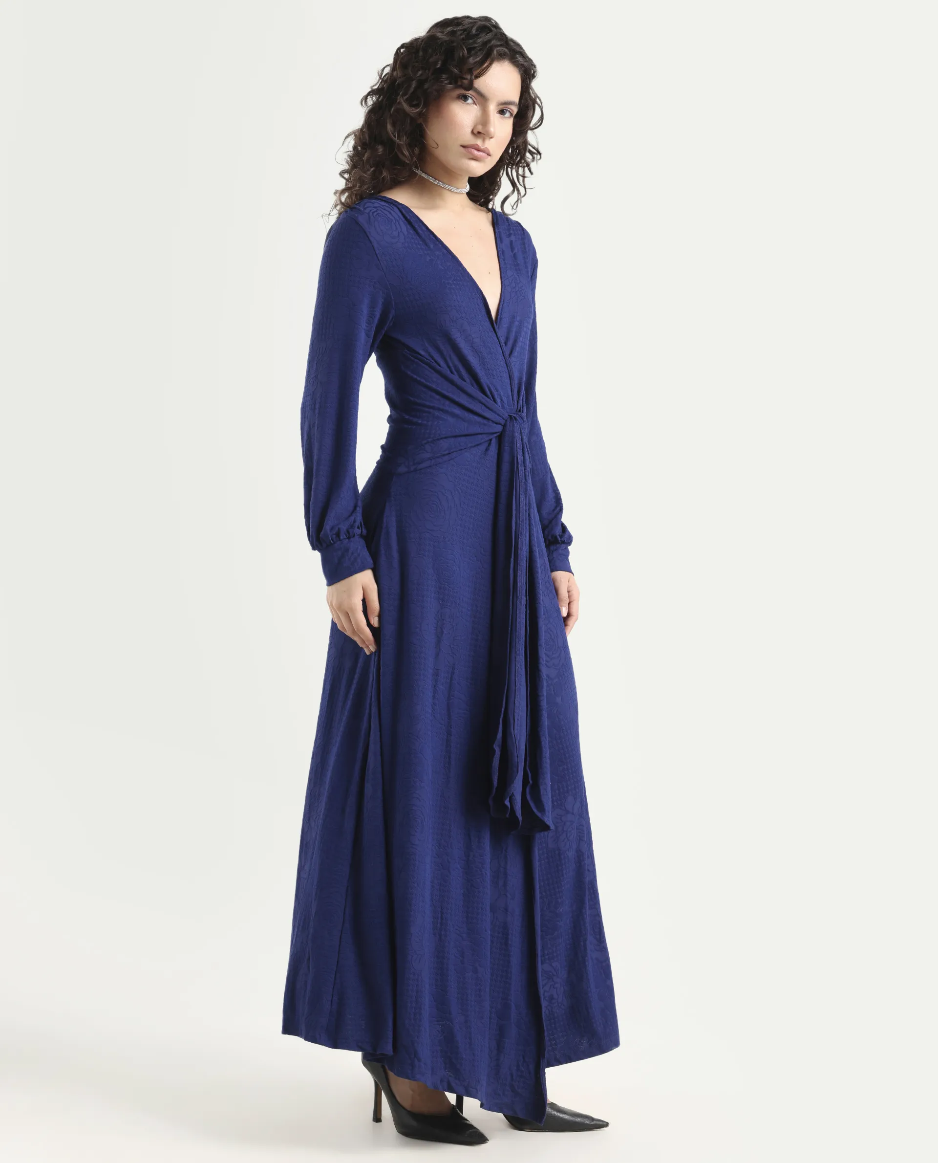 Rareism Women's Harpa Navy Polyester V-Neck Plain Bishop Sleeve Maxi Regular Fit Dress - Image 6
