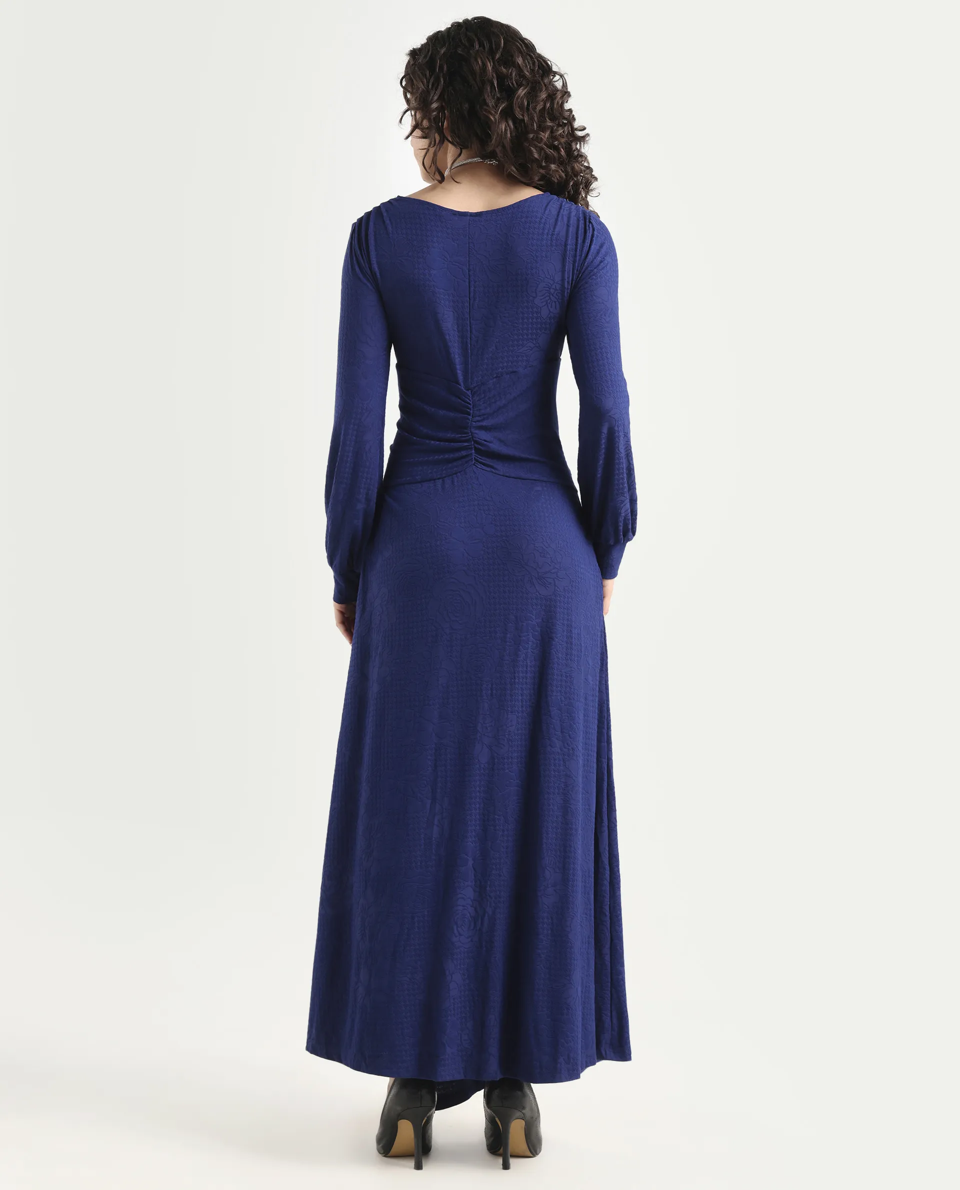 Rareism Women's Harpa Navy Polyester V-Neck Plain Bishop Sleeve Maxi Regular Fit Dress - Image 7